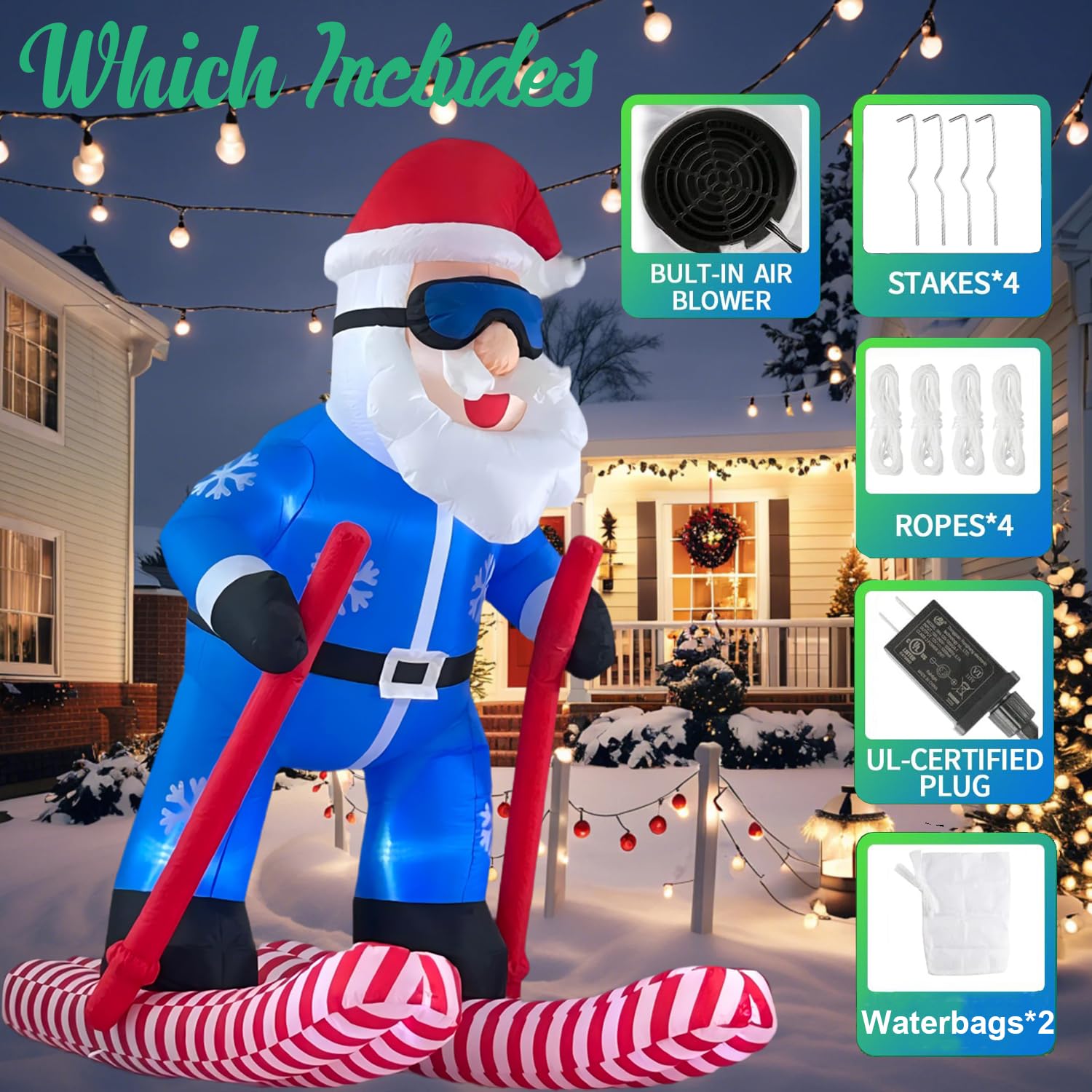8FT Christmas Inflatable Skiing Santa Claus Decor, Blow Up Weatherproof Xmas Decorations for Yard, Built-in LED Light for Garder