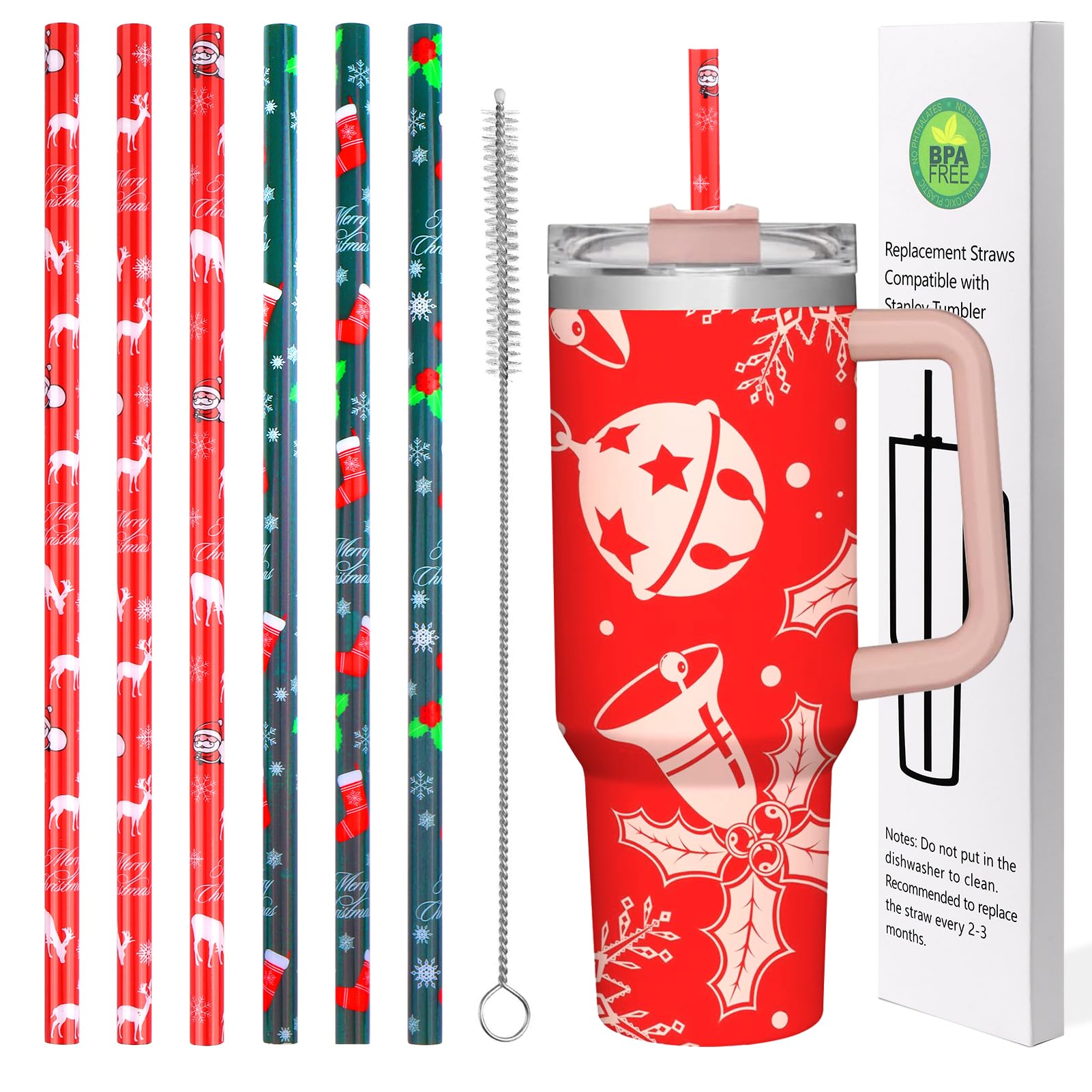 Aiersa 6 Pack Christmas Straw Replacement For Stanley 30&40Oz,Plastic Reusable Straw For Stanley Tumbler,Long Straws With Cleani