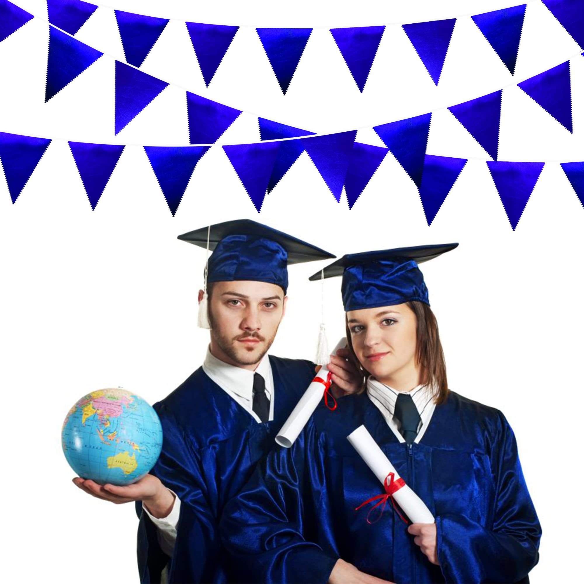 Royal Blue Party Decoration Navy Blue Triangle Pennant Banner Flag Dark Blue Metallic Fabric Bunting Garland For Graduation Wedd