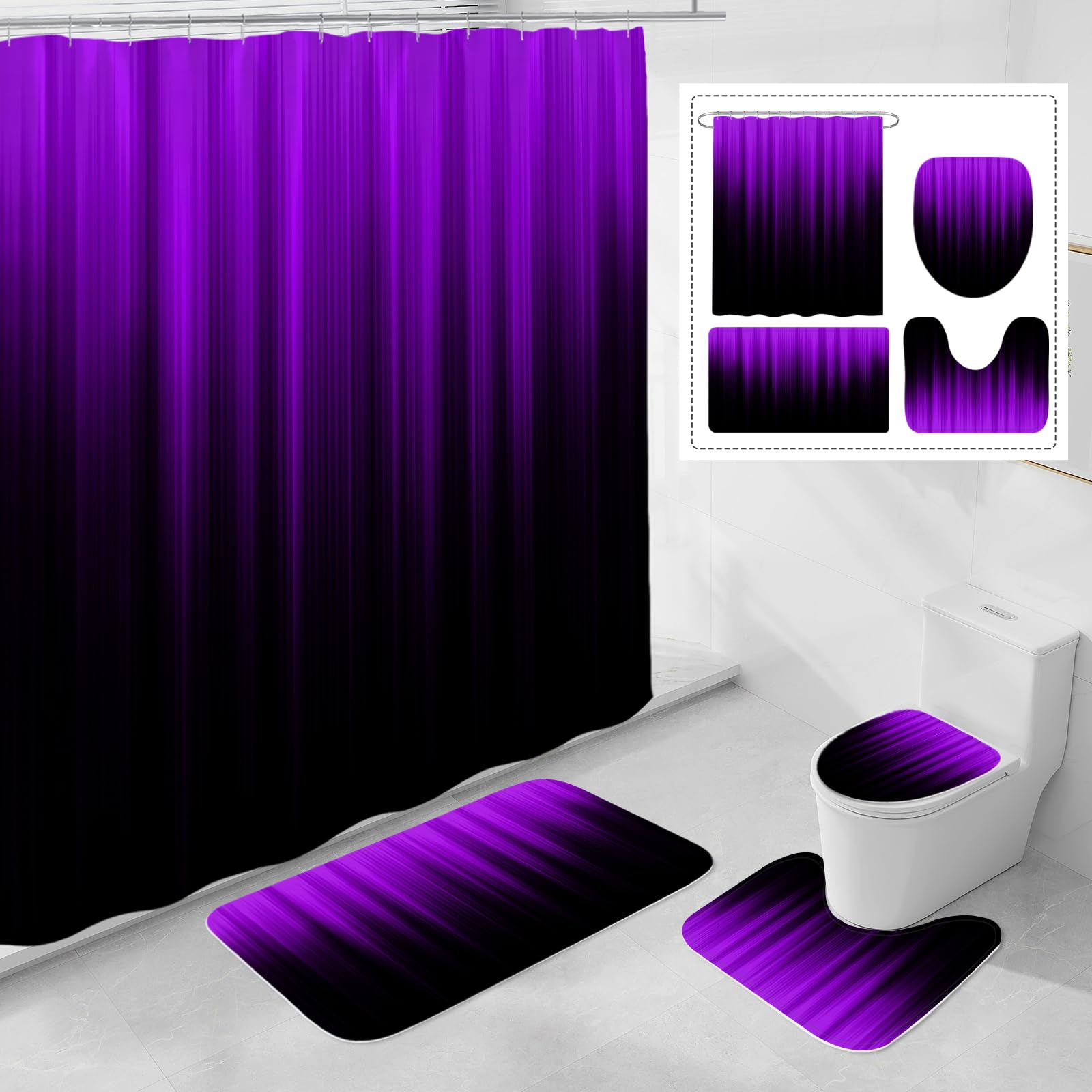Litabel 4 Pcs Purple And Black Gradient Shower Curtain Set With Rugs And Toilet Lid Cover, Modern Simple Waterproof Fabric Bathr