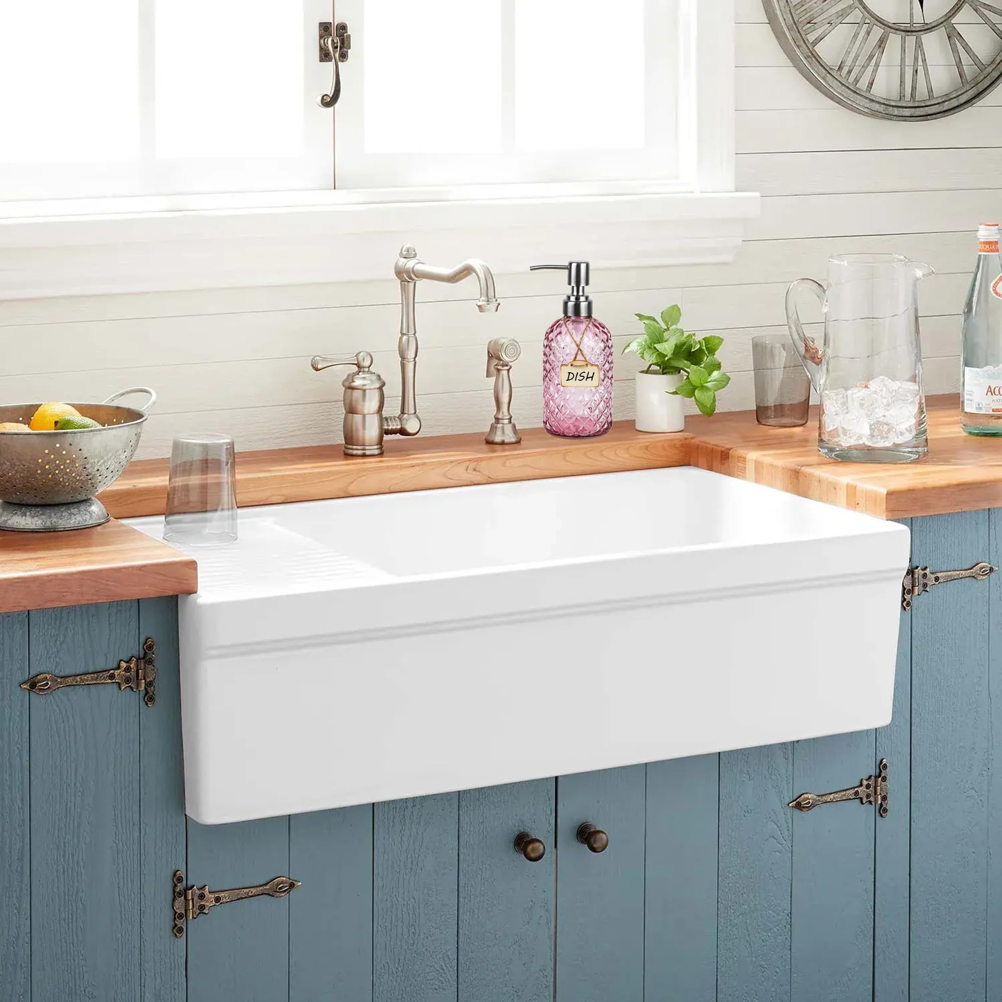 Bathroom & Kitchen Glass Hand And Dish Soap Dispenser With 304 Rustproof Stainless Steel Pump (Pink-2Pack)