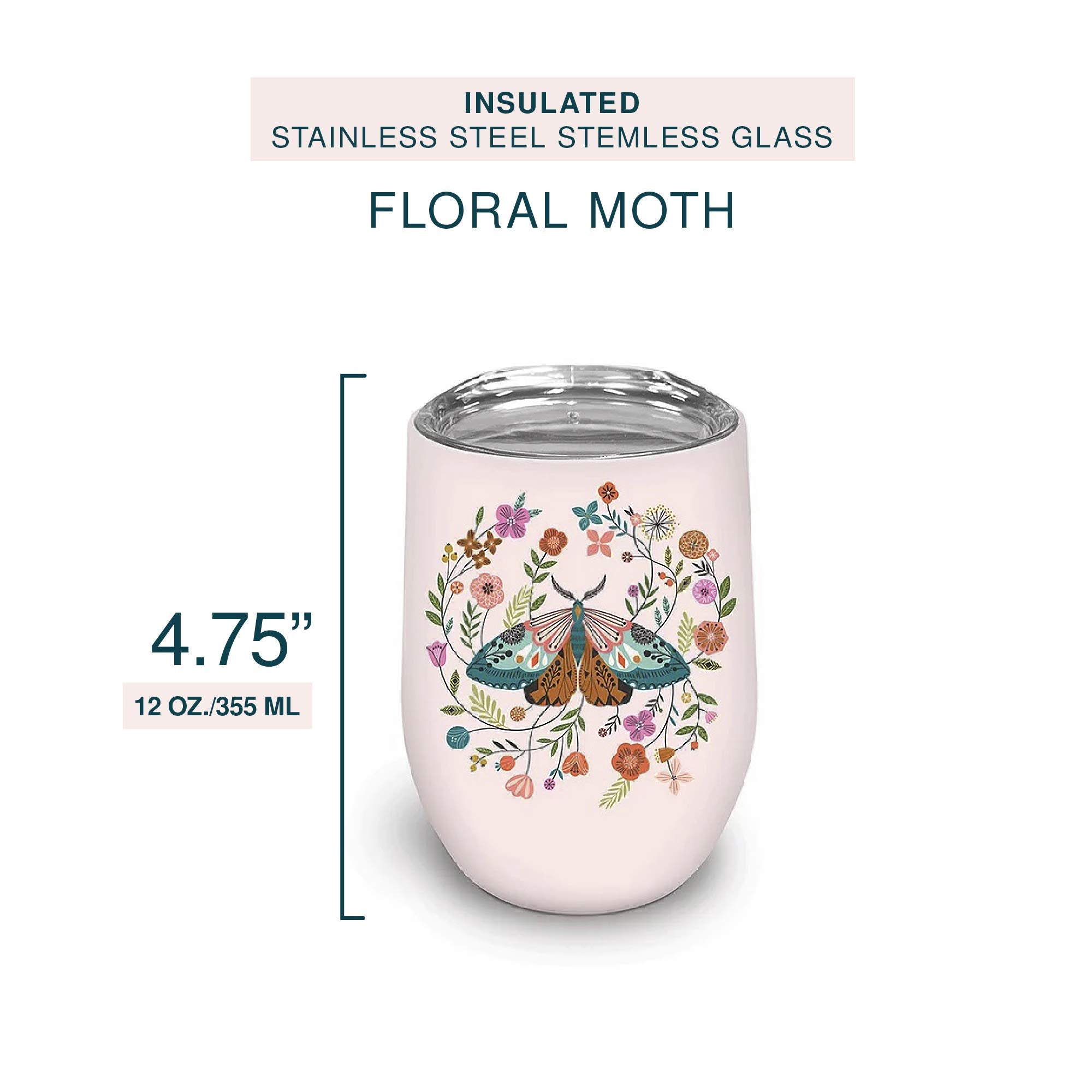 Studio Oh! Insulated Stainless Steel Stemless Glass Tumbler Floral Moth - 12-Ounce Double-Wall Construction With Full-Color Artw