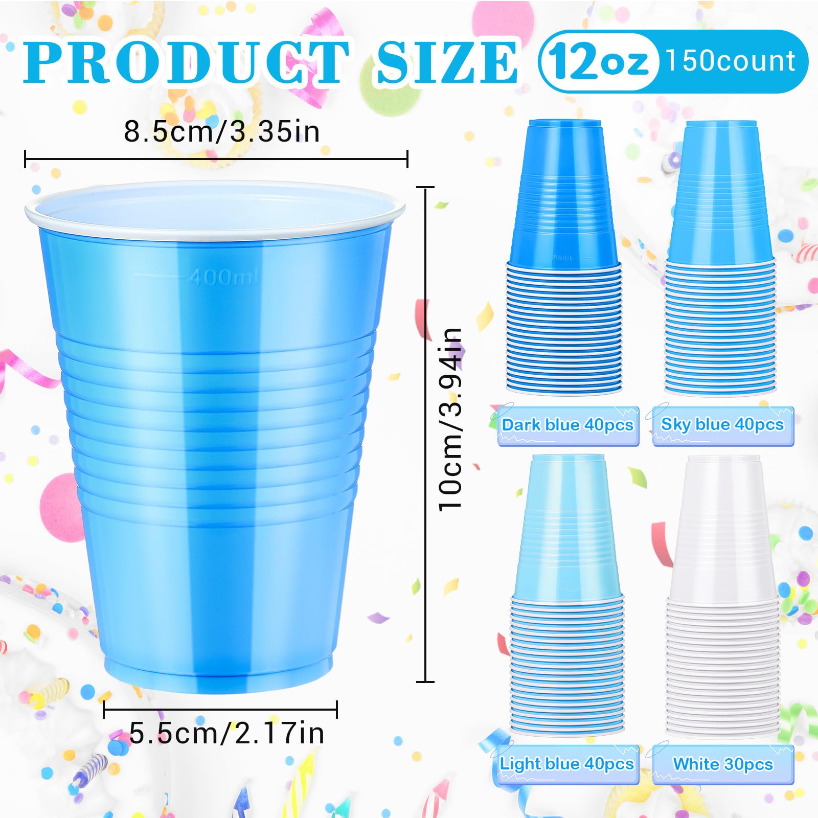 Afarnook 150 Pcs 12oz Plastic Cups Bulk Blue Disposable Party Cups Supplies for Birthday Wedding Graduation Halloween Thanksgivi