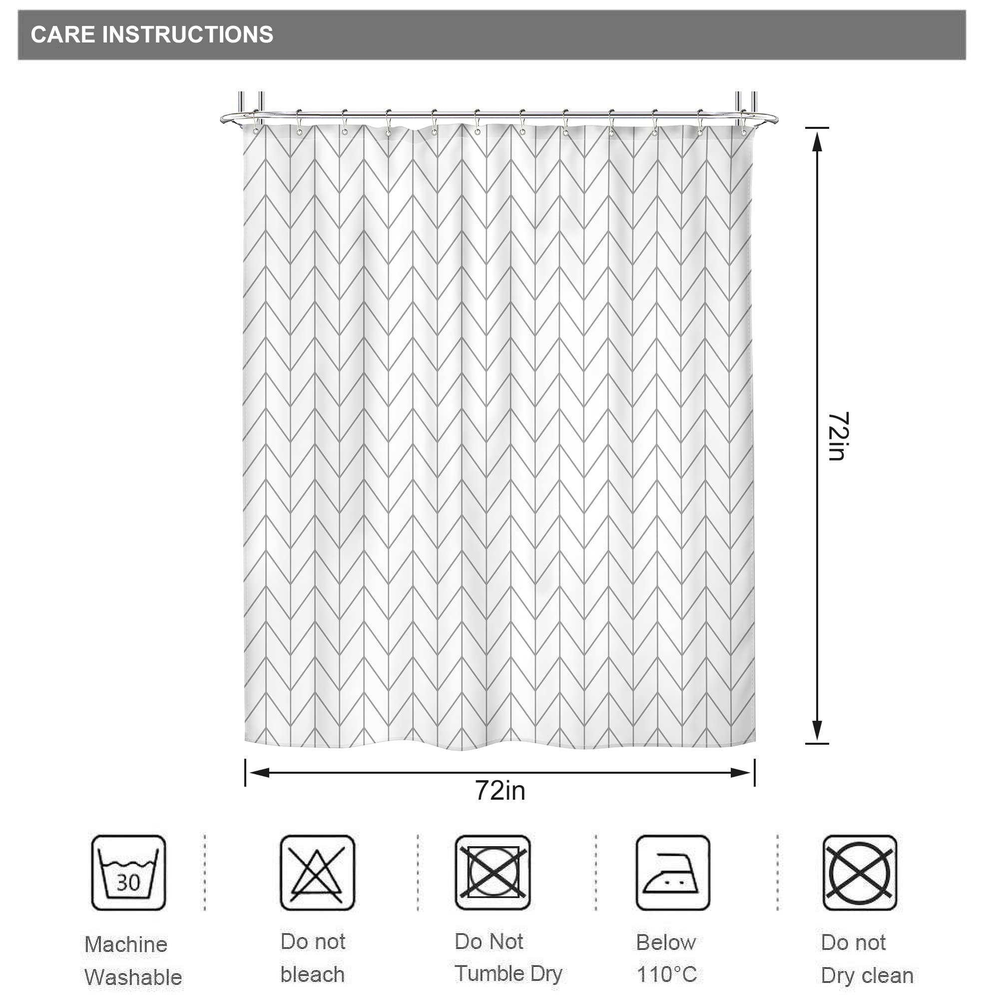 Riyidecor Geometric Chevron Neutral Shower Curtain for Bathroom White Grey Herringbone 72Wx72H Inch Striped Simple Modern Classy Contemporary Decor Fabric Set Polyester Waterproof