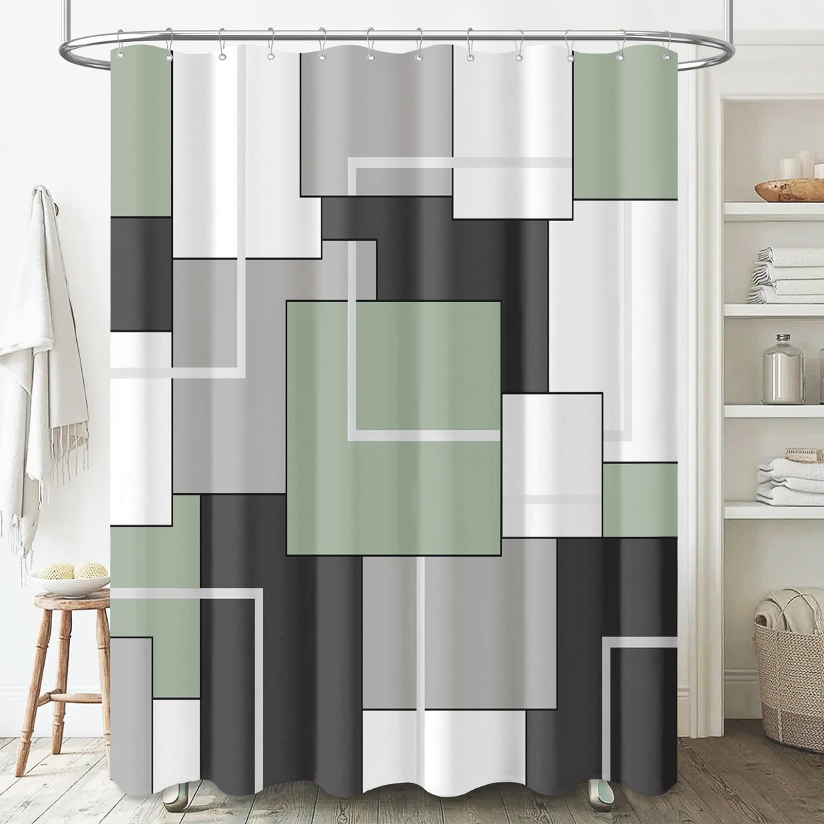 Bttn Sage Green Fabric Shower Curtain, Modern Geometric Neutral Cloth Shower Curtain Set With Hook, Weighted Hem, White Black Gr