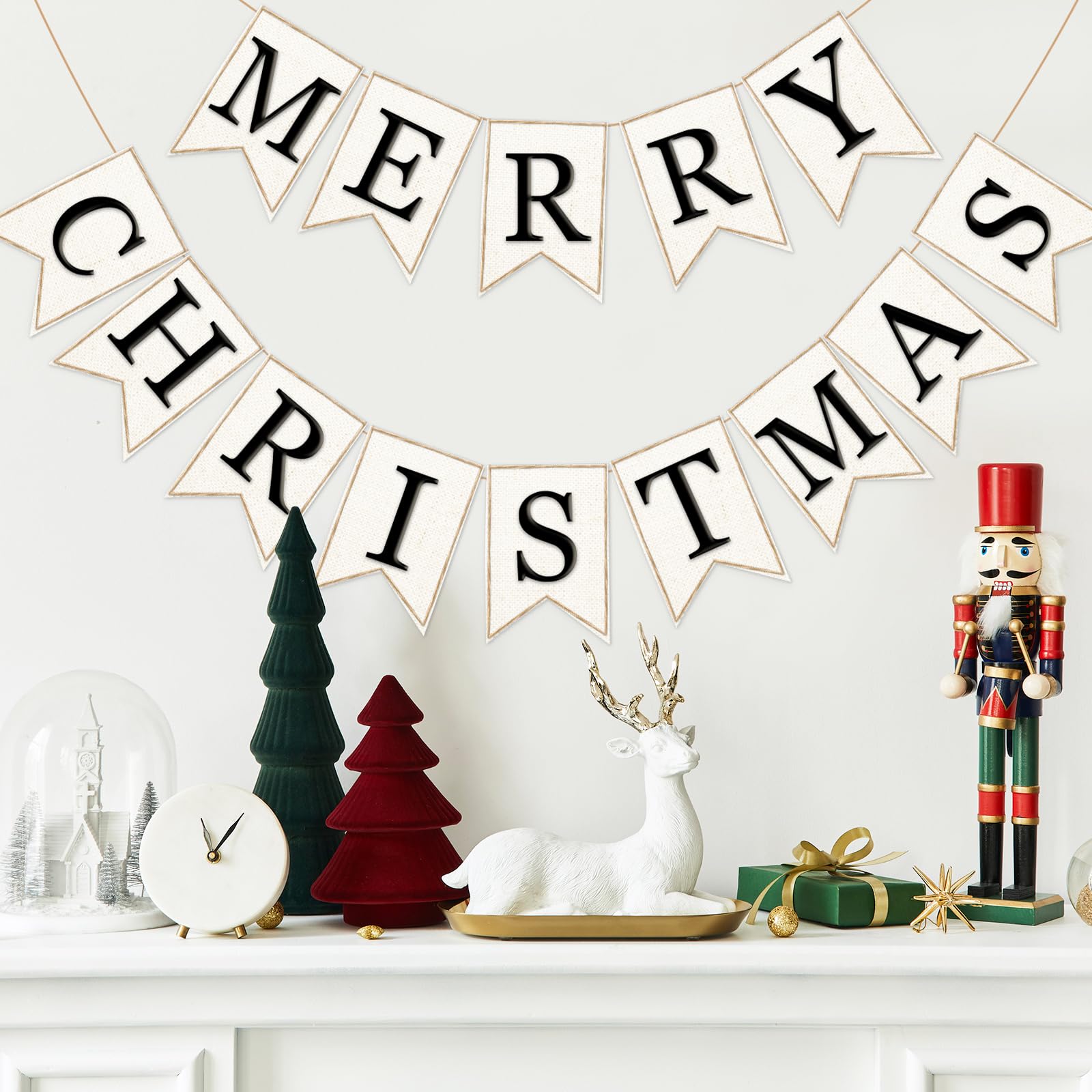 Whaline 2Pcs Christmas Burlap Banner Felt Merry Christmas Banner Black White Pre-Assembled Xmas Bunting Garland For Home Party H