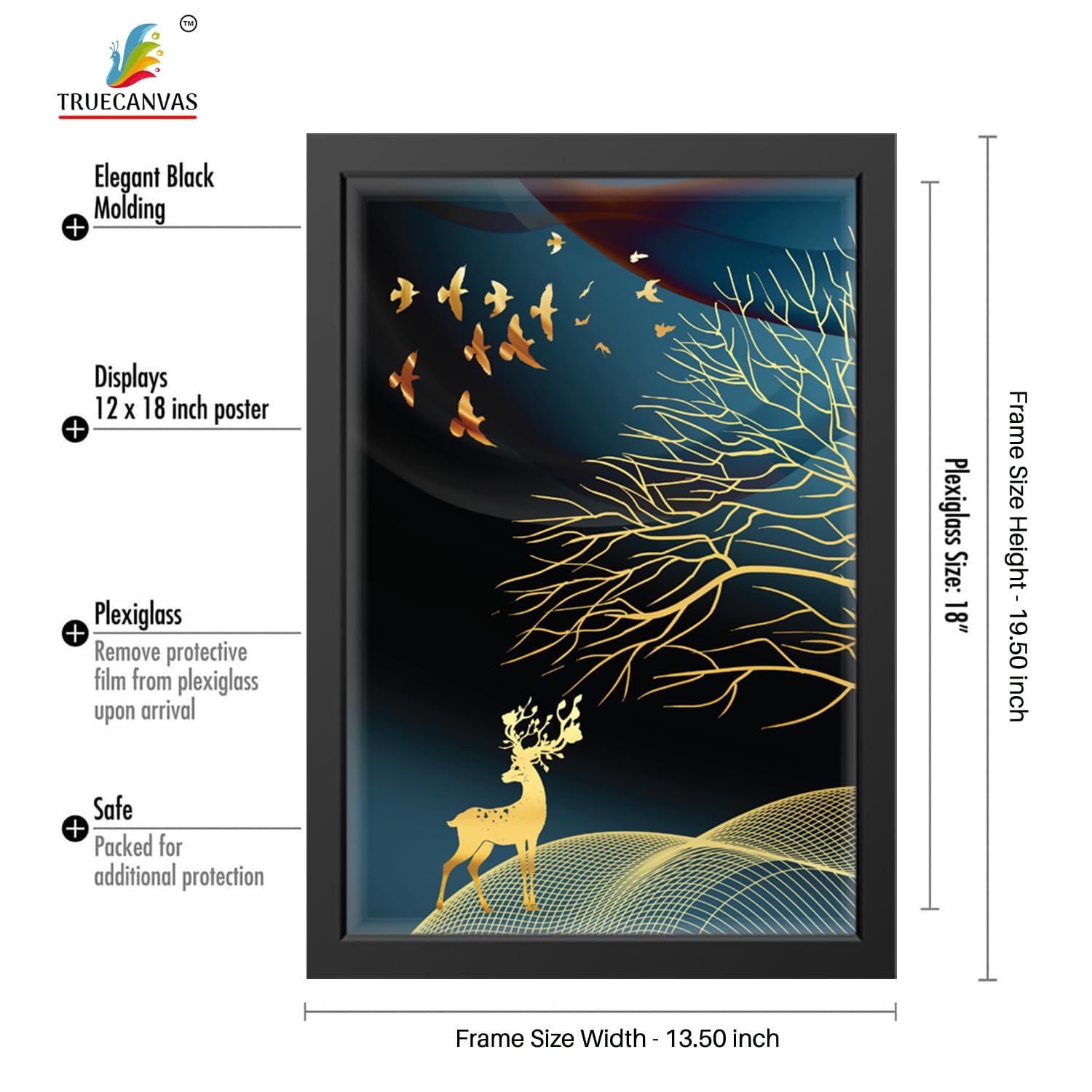 Truecanvas Abstract Painting Set Of 3 Wall Hanging Hd Print Poster Framed For Home, Living Room Gallery & Office, Black, Size -