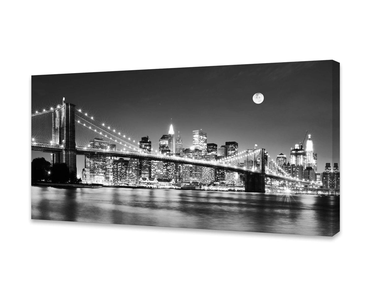 Baisuart-Q30362 Brooklyn Bridge Night View 1 Panels Landscape Artwork Canvas Prints Moon Night New York City Scene Picture Paint