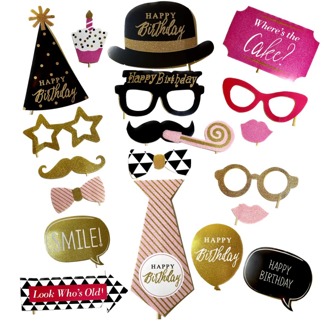 Wanna Party Happy Birthday Photo Booth Props  Set of 20Pcs | Glitter Party Props for Adults with Funny Messages,Shades, Balloon