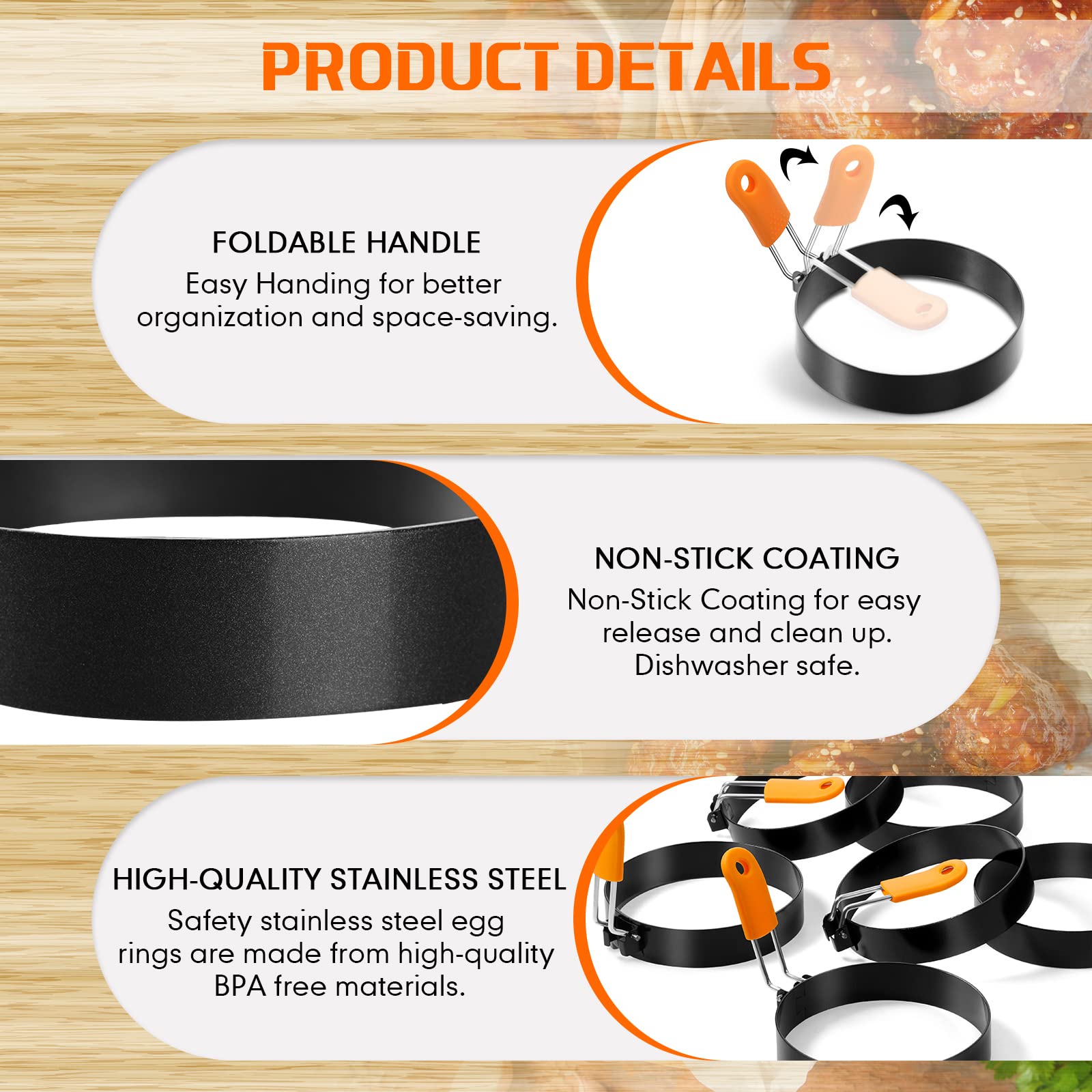 Patelai 4 Pcs Professional Egg Ring Pancake Ring Set Stainless Steel Fried Egg Ring Griddle Pancake Shapers With Orange Silicone