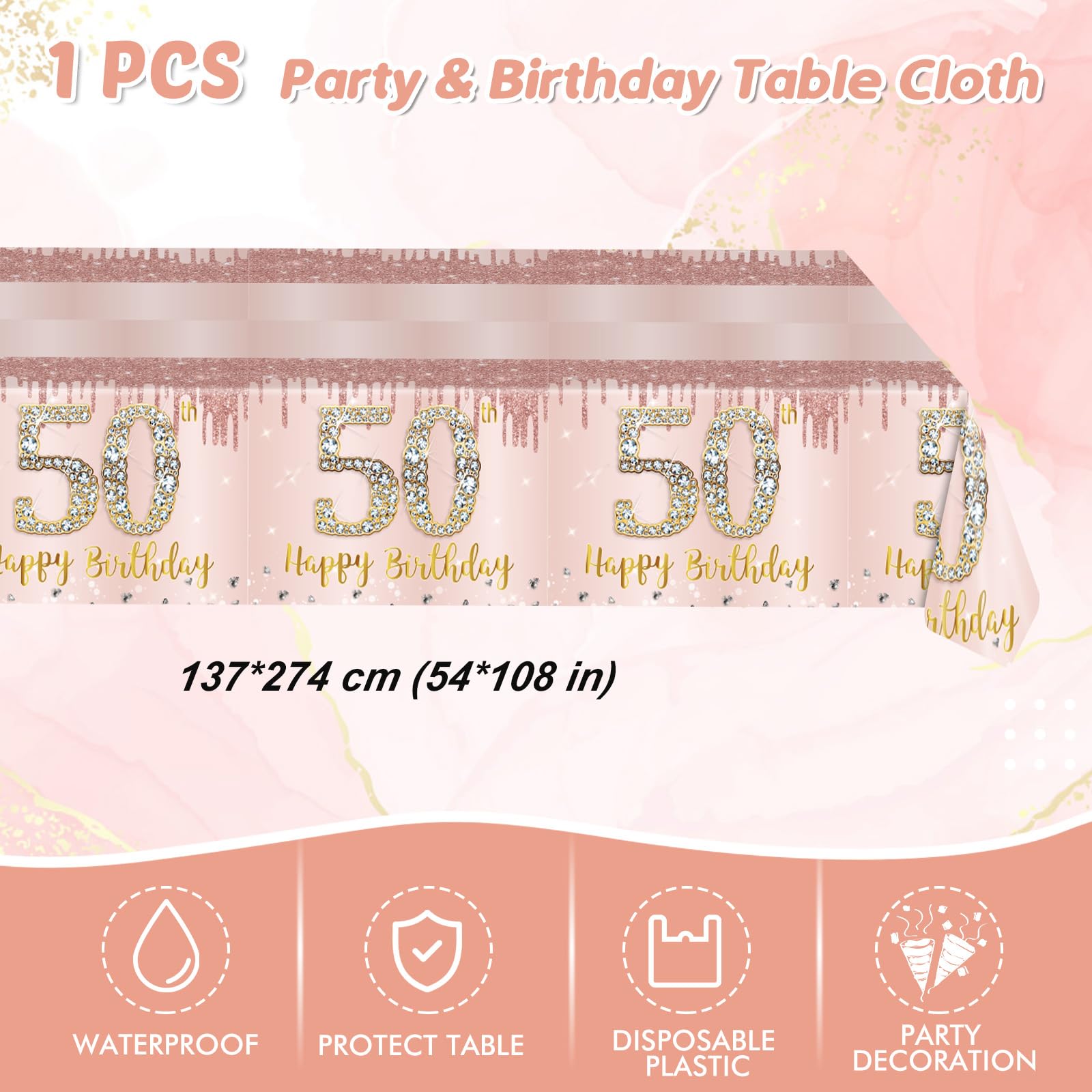41Pcs 50Th Birthday Decorations, Rose Gold Birthday Party Supplies Include 20Pcs Plates 20Pcs Napkins And 1Piece Tablecloth, Swe