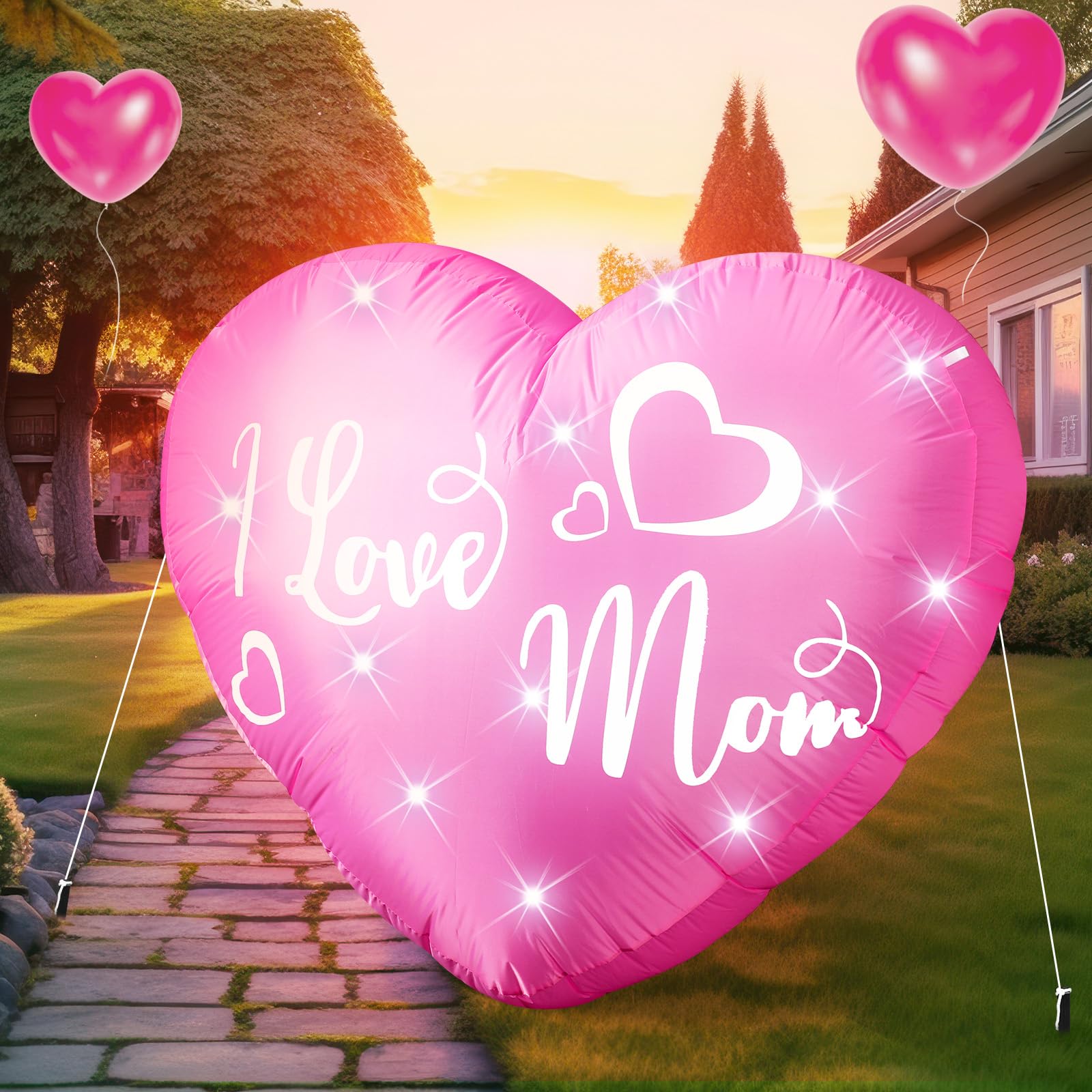 VIHOSE 3.9 Ft Mother  s Day Inflatables Decoration I Love Mom Blow Up Decor Heart LED Lights Inflatable Decor for Outdoor Yard G