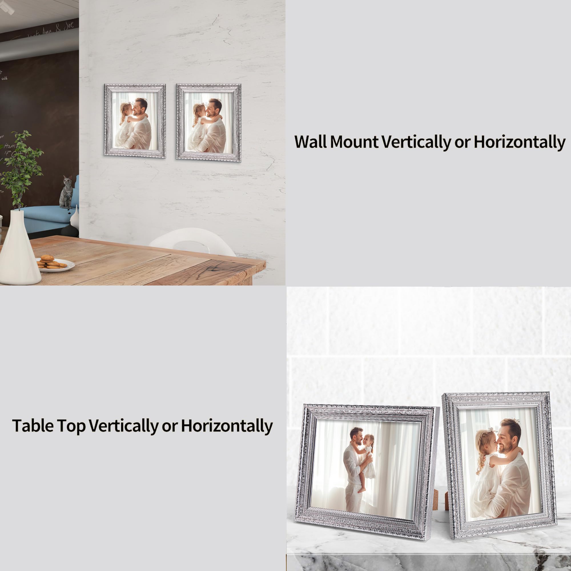 Edenseelake 8x10 Picture Frames Set of 2, Vintage Silver Photo Frame 8 by 10 for Tabletop or Wall Display