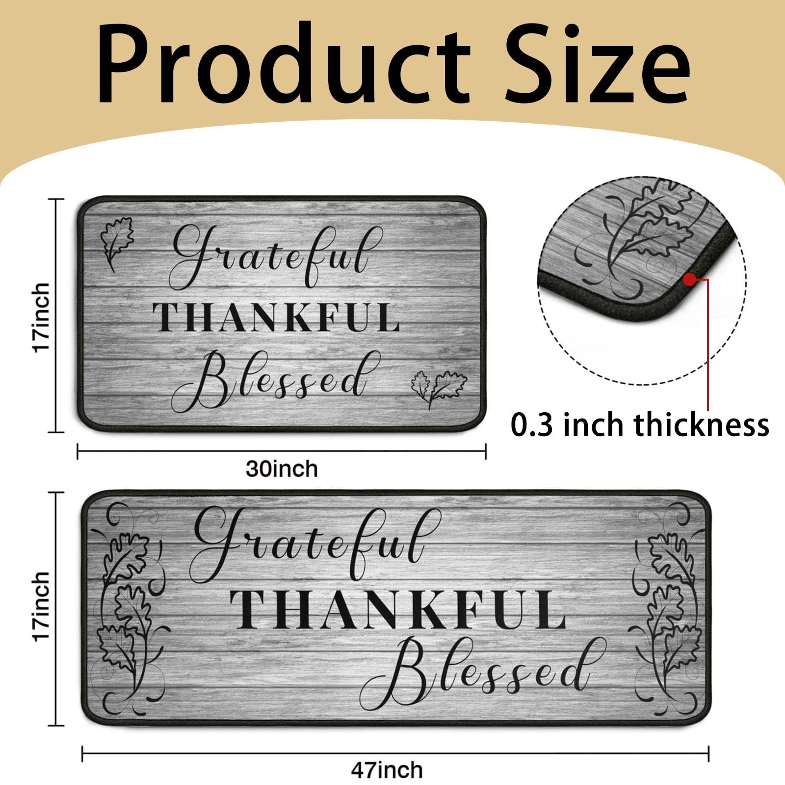 Grateful Thankful Blessed Kitchen Rugs Set Of 2 Grey Non-Slip Kitchen Rug And Mat Cushioned Comfort Kitchen Standing Rug For Kit