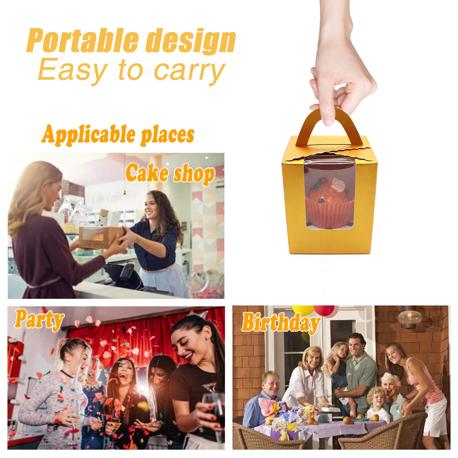 50 Pcs Gold Paper Cupcakes Boxes,Portable Single Individual Cupcake Gift Boxes With Window Inserts Handle For Wedding Candy Boxe