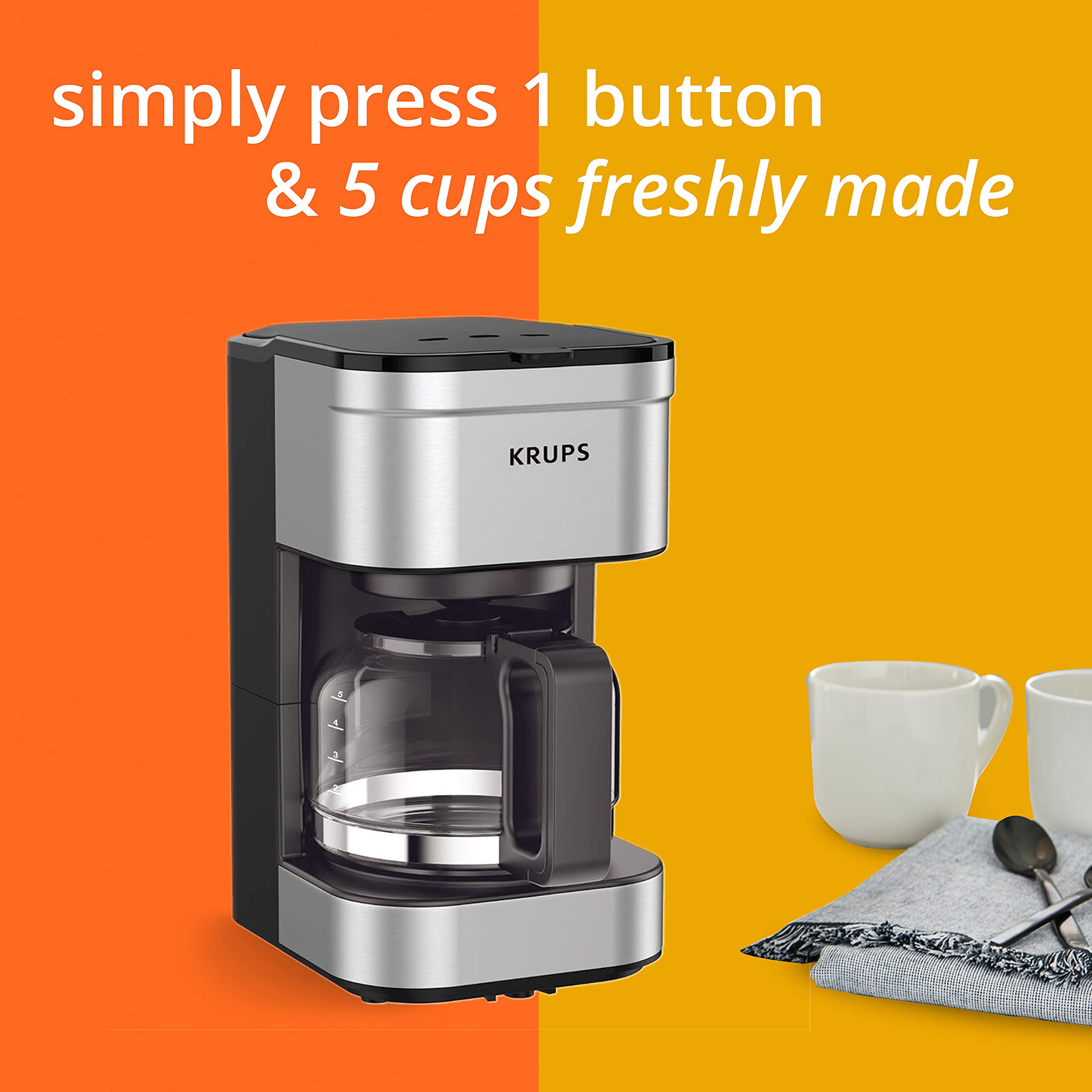 Krups: Simply Brew 5 Cup Coffee Maker, Cold Brew, Drip Free & Keep Warm Functions, Stainless Steel Coffee Machine