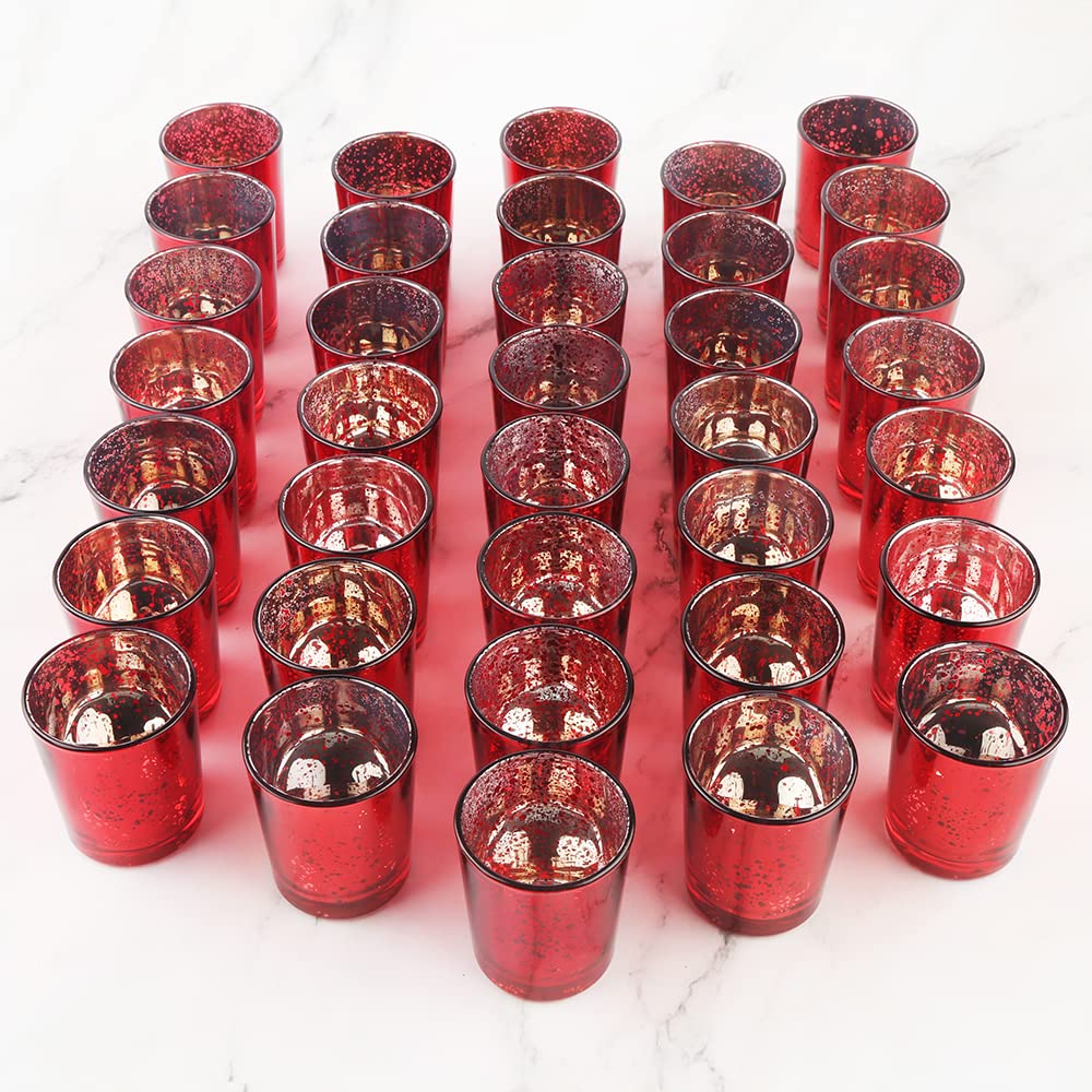 BTGLLAS Red Mercury Glass Tea Light Holders Set of 36 - Elegant Votive Candle Holders for Weddings, Showers and Home Decor - Per
