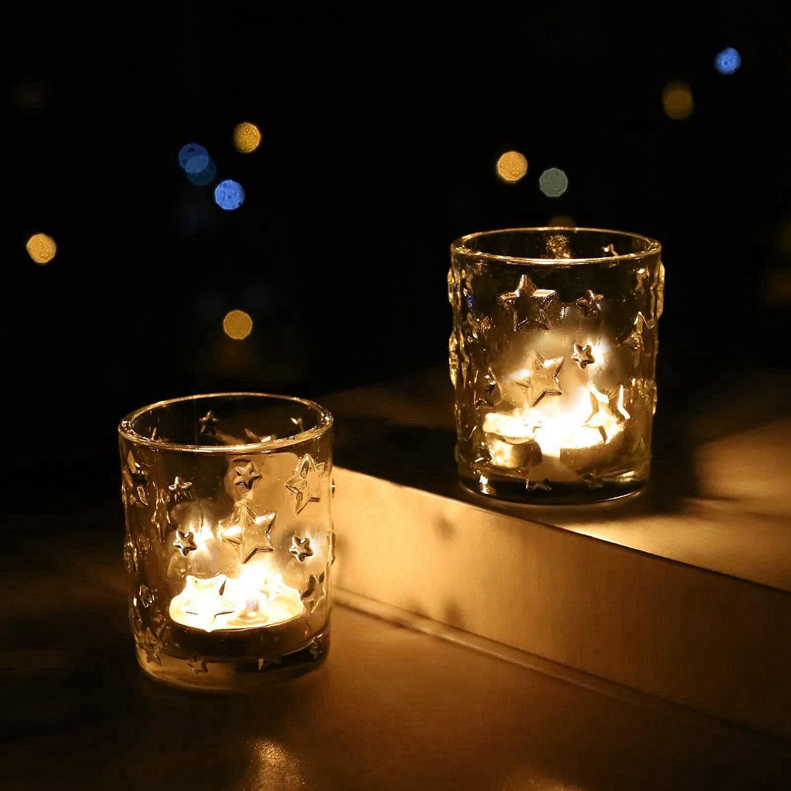 VOHO 24pcs Christmas Candle Holder for Votive Candles & Tea Lights Candles, Clear Votive Candle Holders Star Embossed Glass Deco