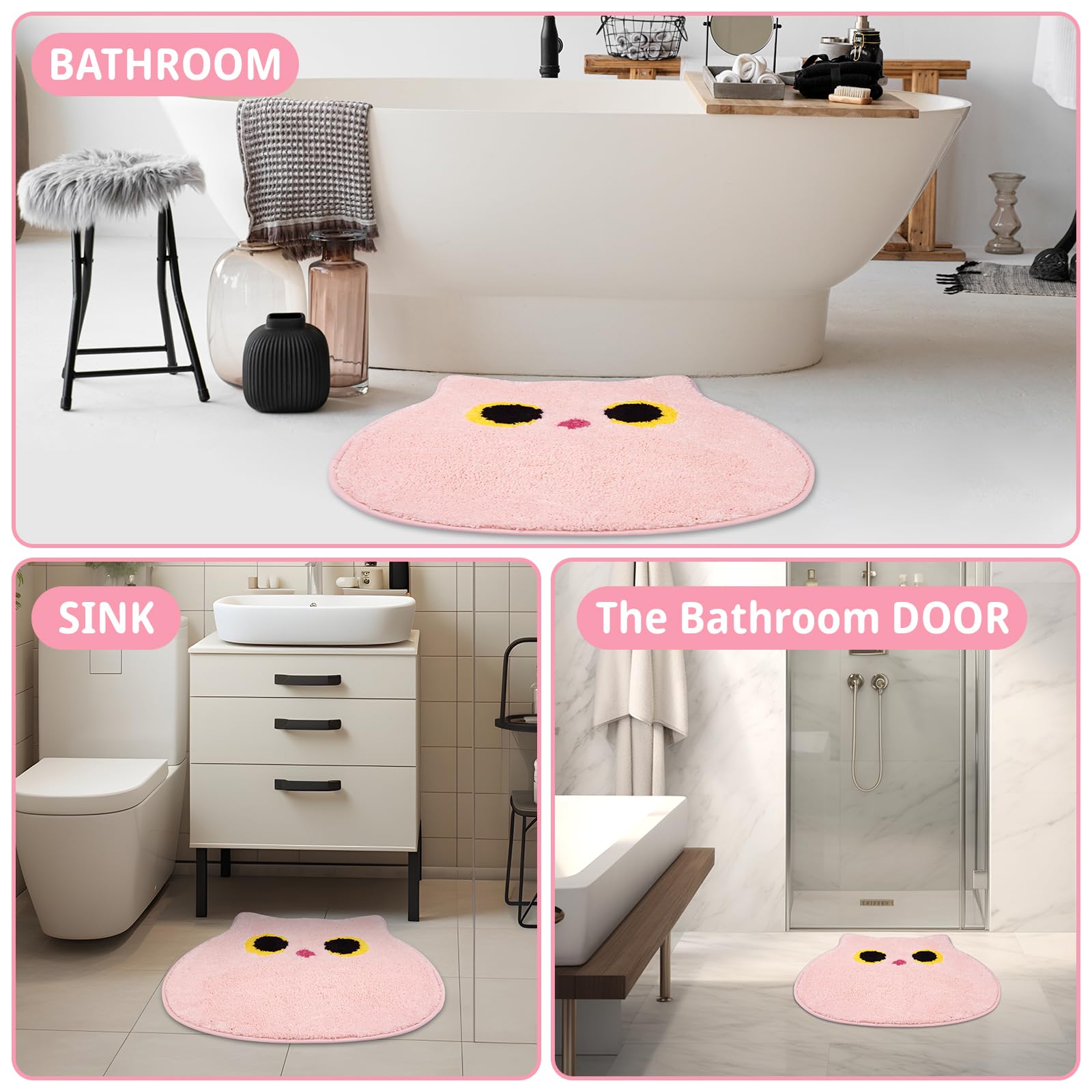 Nigoways Bathroom Rug - Bathroom Mat,Pink Bathroom Rug,Washable Cute Cat Bath Mat,Soft Fluffy Water Absorbent Shower Mat,Non Sli