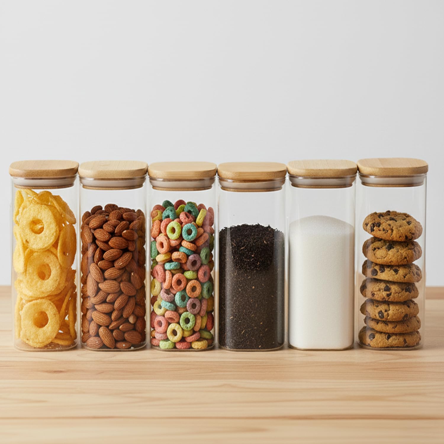 Amazon Brand - Solimo Glass Borosilicate Jar With Bamboo Lid 1000Ml,Transparent, 6 Pcs