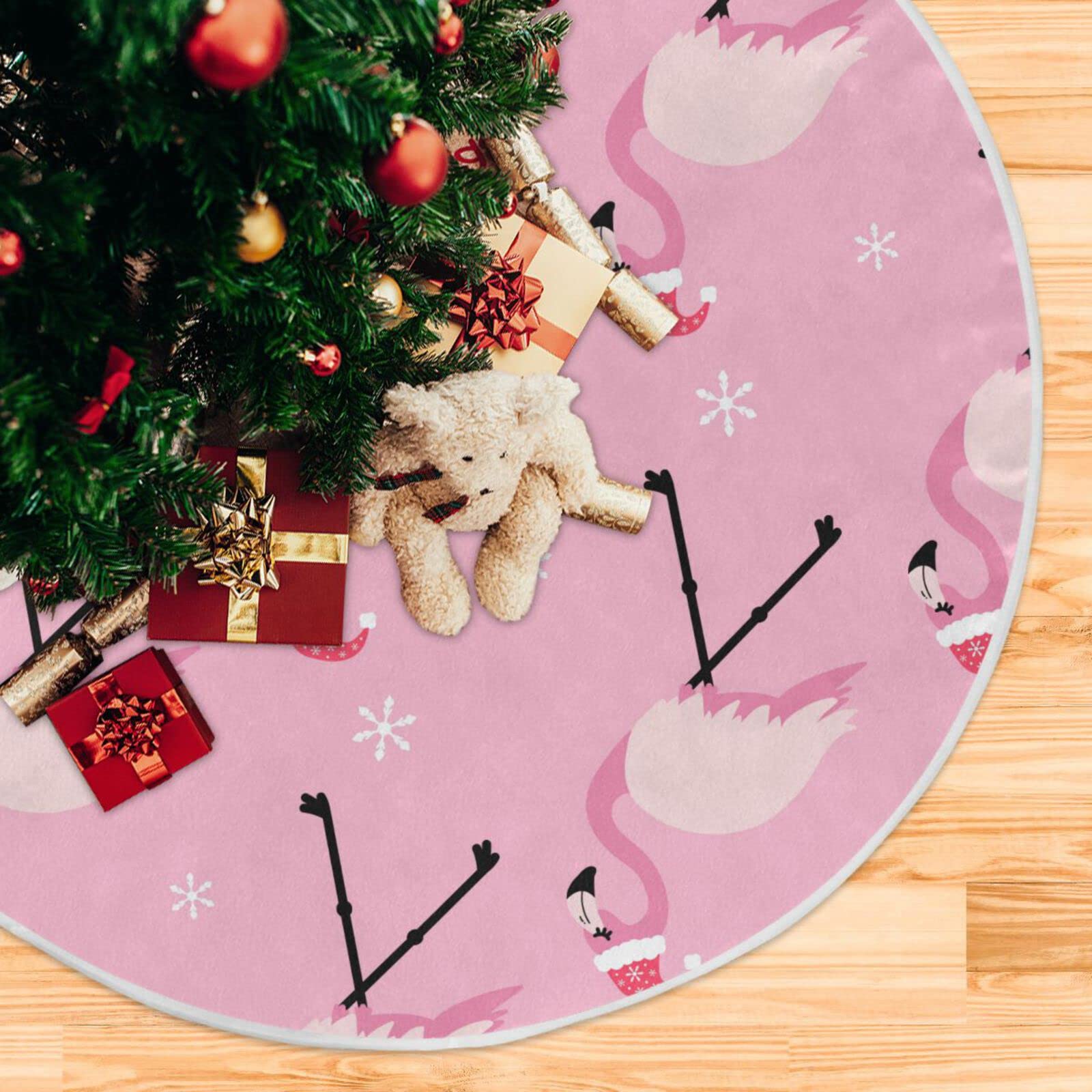 Vozoza Christmas Pink Flamingo Tree Skirt, Seasonal Tree Mat Holiday Party Supplies Ornaments Indoor Outdoor Decorations for Tab