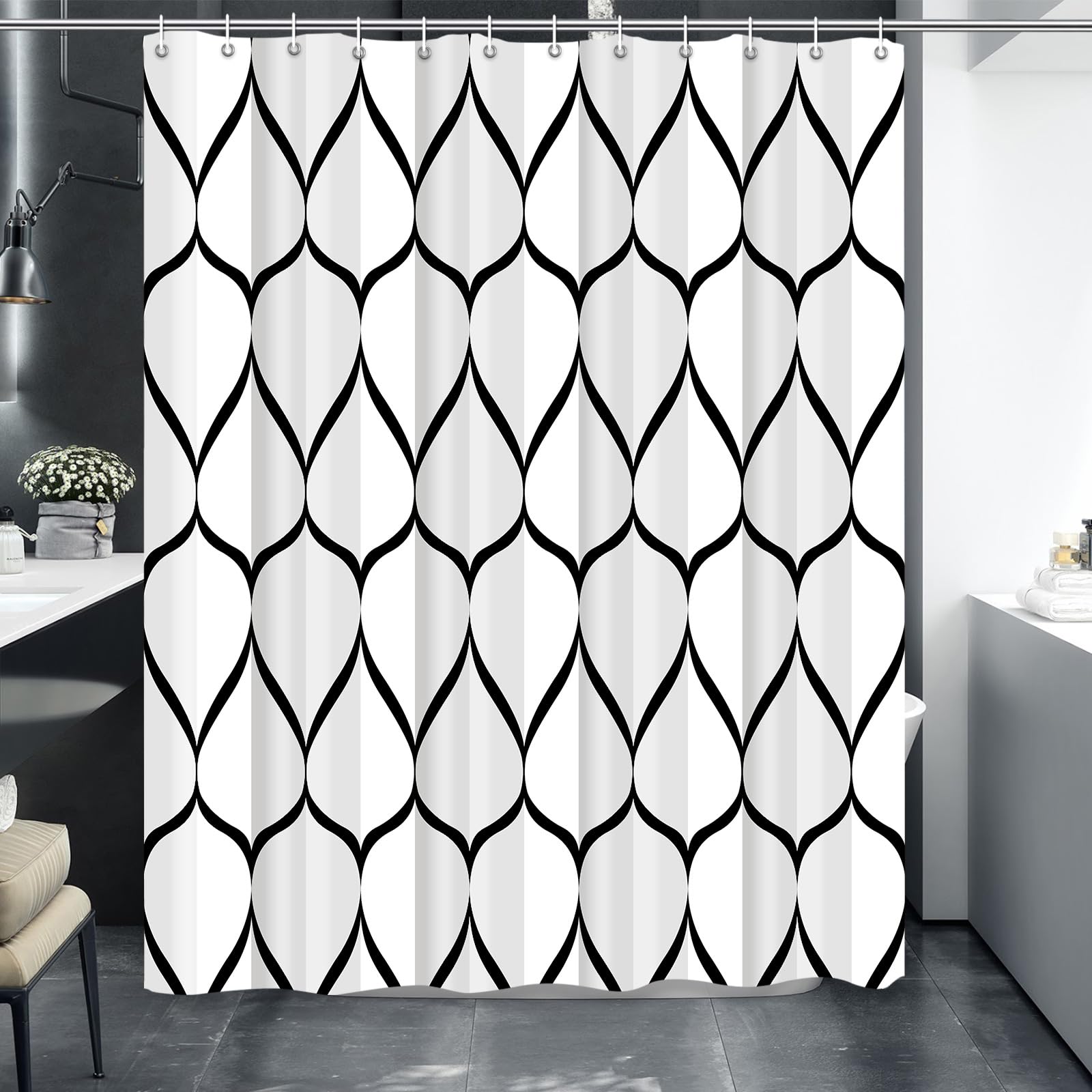 Gelbchu White Grey Fabric 72 x 72 Inch Cloth Shower Curtain  Waterproof Design and Polyester  Quick-Drying  Heavy Duty Shower Curtains Set for Bathroom  Durable and Washable with 12 Metal Hooks
