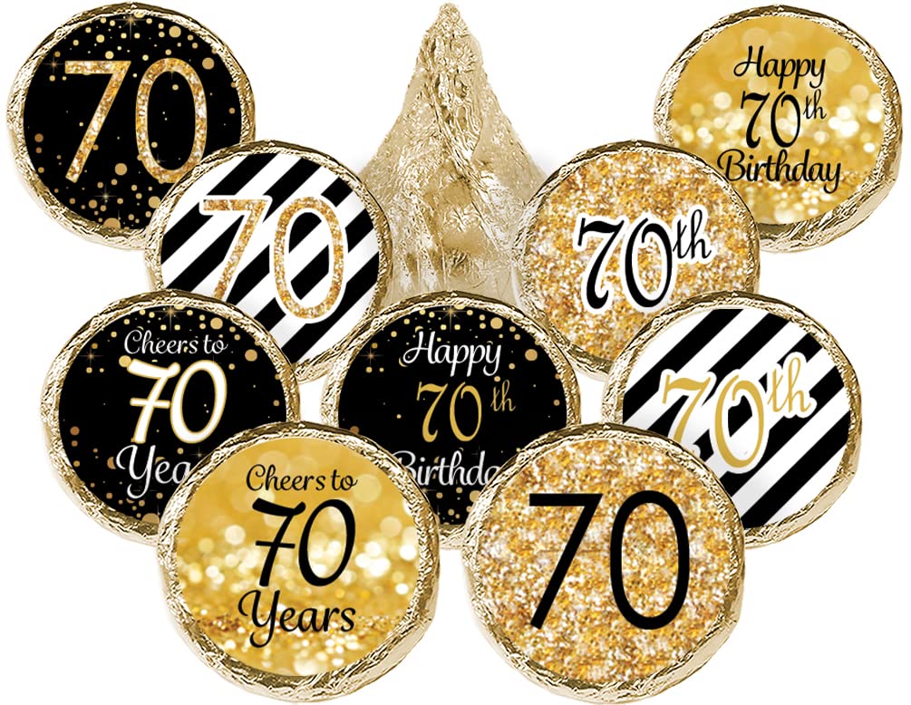 Black and Gold 70th Birthday Party Favor Stickers, Chocolate Kisses Candy Stickers - 180 Labels