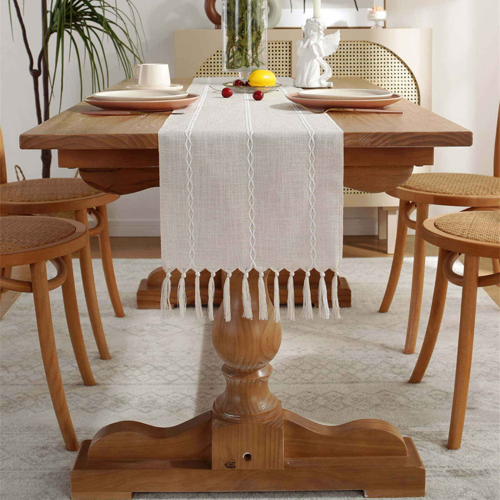 Braided Striped Table Runner Farmhouse Cotton Linen Table Runner With Tassels For Parties Christmas Kitchen Dinner Birthday Tabl
