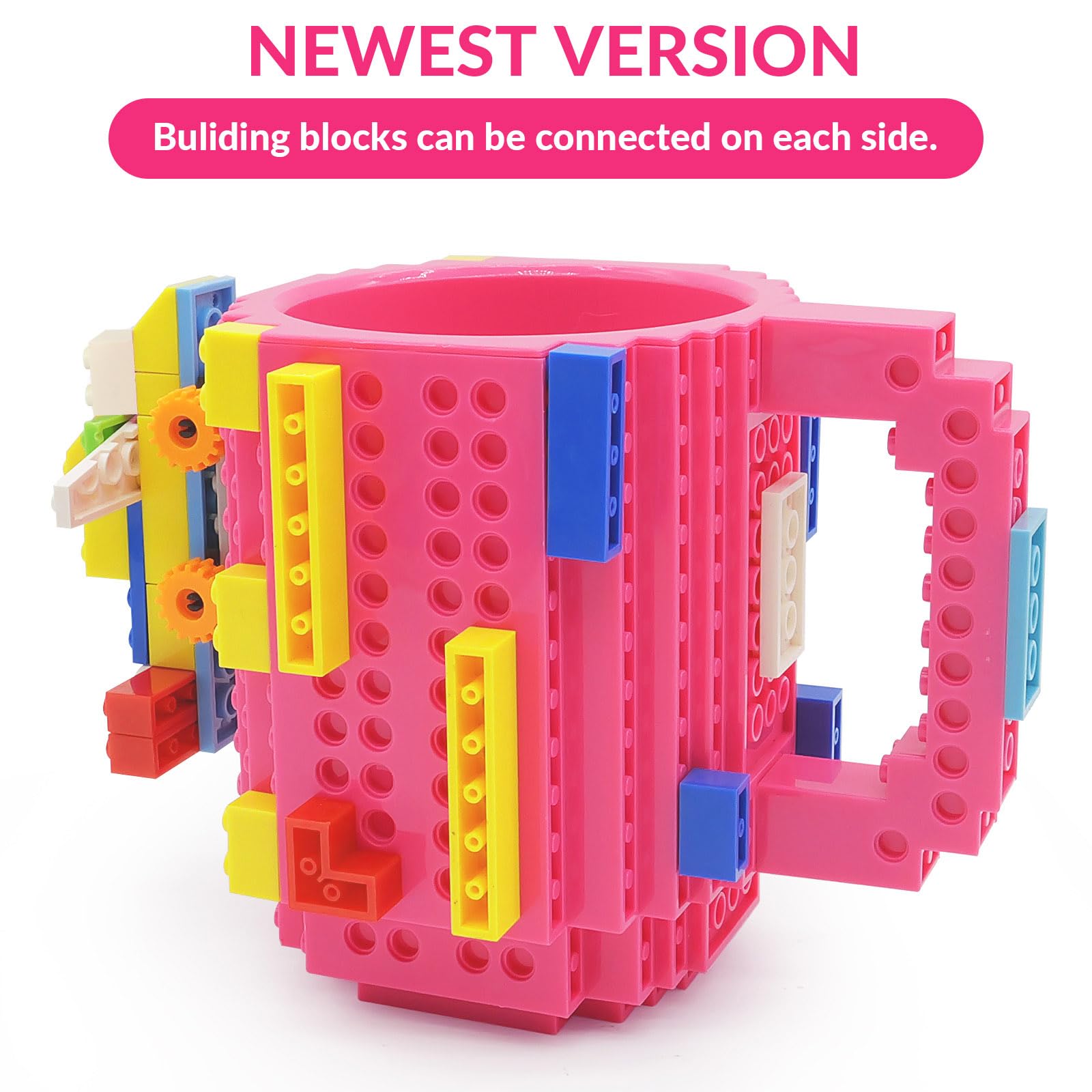 Lumsburry Build-On Brick Coffee Mug, Funny Diy Novelty Cup With Building Blocks Creative For Kids Men Women Xmas Birthday (Rose)