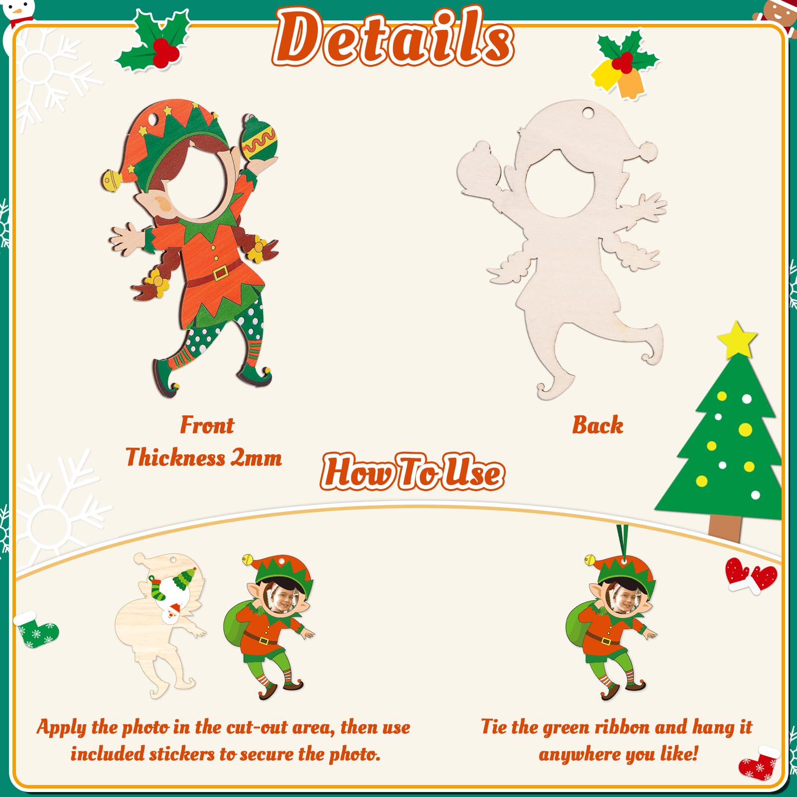 18PCS Christmas Elf Wooden Picture Frame Ornaments - Xmas DIY Photo Hanging Decorations Tree Stocking Decor