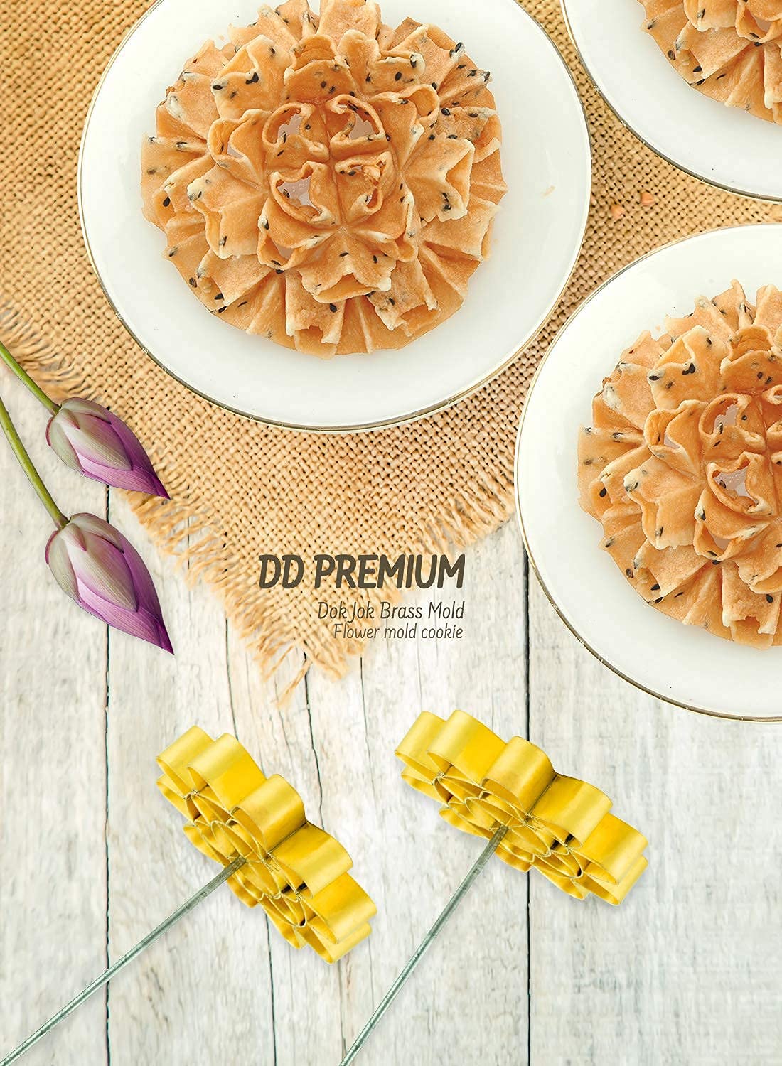 Ddpremium Dok Jok Brass Mold Thai Dessert Maker - Large Rosette Lotus Flower Cookie Mold With Handle Diameter 4.13 Inch