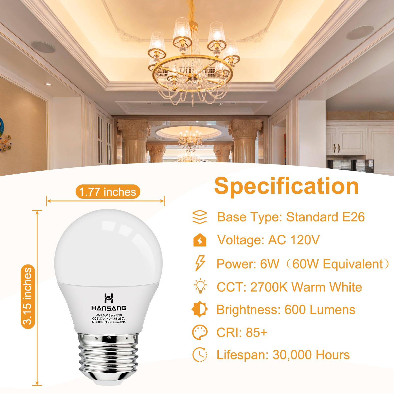 Hansang E26 Appliance Light Bulb, 2700K Warm White, 60 Watt Equivalent Small Light Bulb, E26 Led Bulb For Ceiling Fan, A15 Light