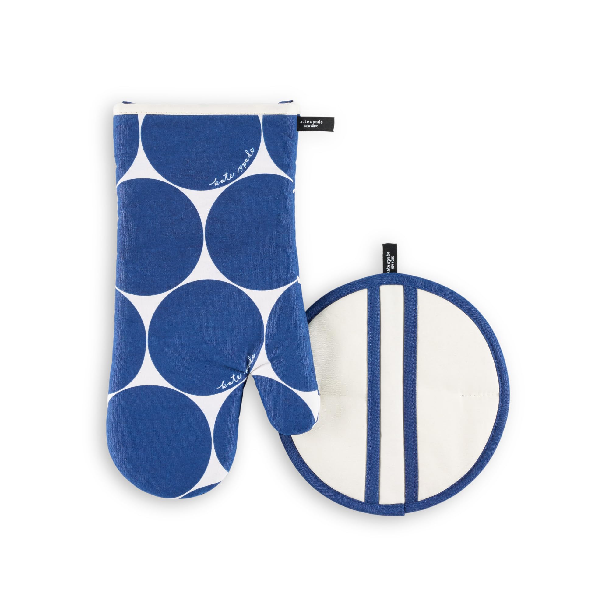 kate spade new york Joy Dot Oven Mitt & Pot Grabber 2-Pack Set, 7 x 13, 8 Round, Navy Blue/Cream