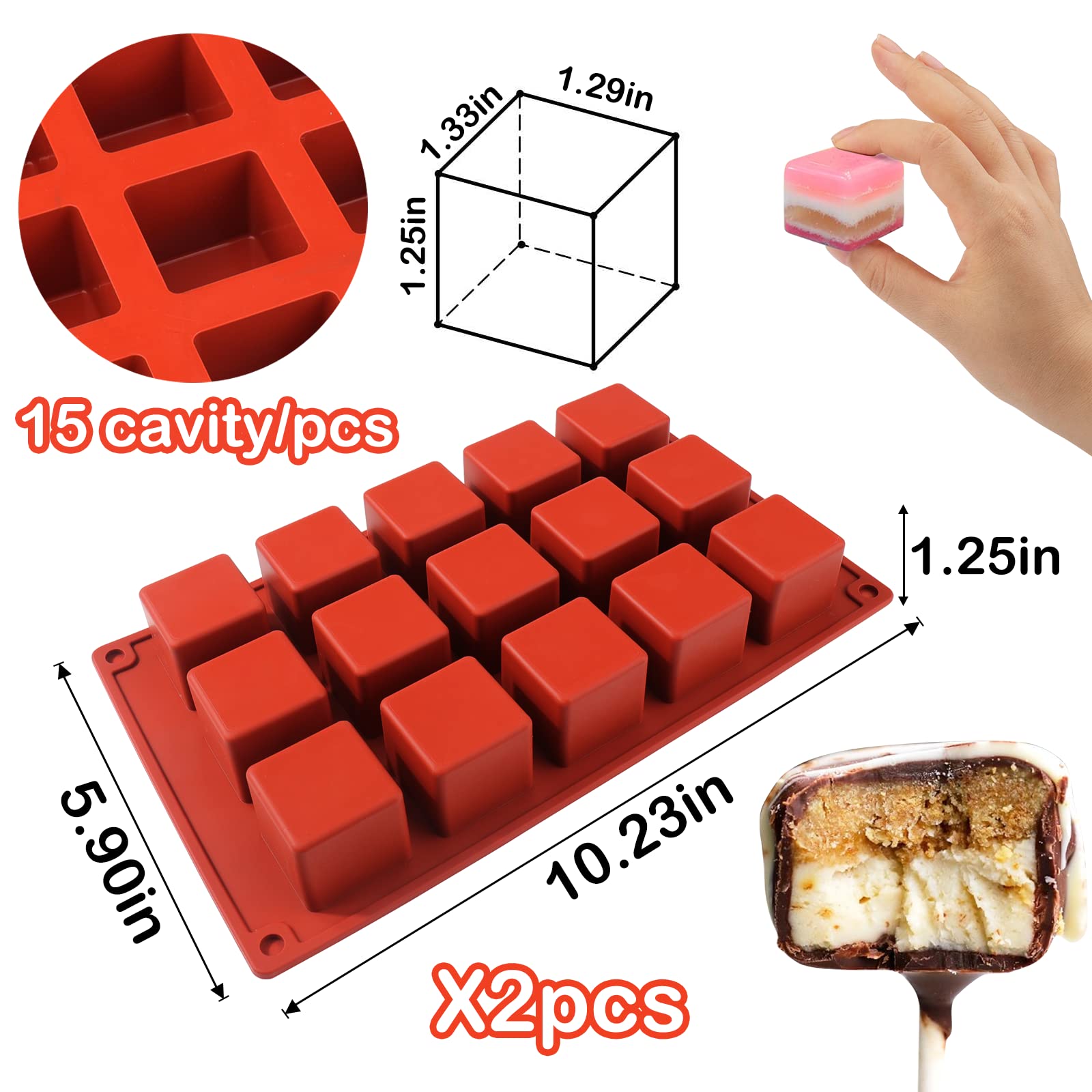 Aiersa Square Cake Pop Mold Silicone, 2 Pcs 15 Cavity Lollipop Molds Silicone For Diy 1.2'' Cake Pops, Cake Bites, Candy Chocola