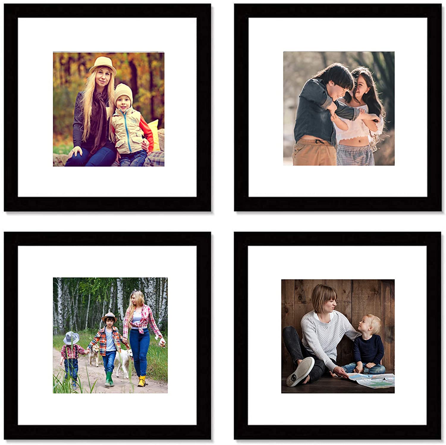 pojah 8x8 Black Picture Frame Set,Square Photo Frame with Mat Display Pictures 5x5 or 8x8 Without Mat,PVC Glass,for Wall Home Of