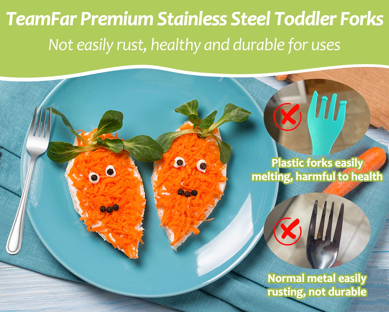 Teamfar Toddler Forks, 6 Pcs Stainless Steel Kids Utensil Small Fork For Child Self Feeding, With Line Patterned Edge, Non Toxic