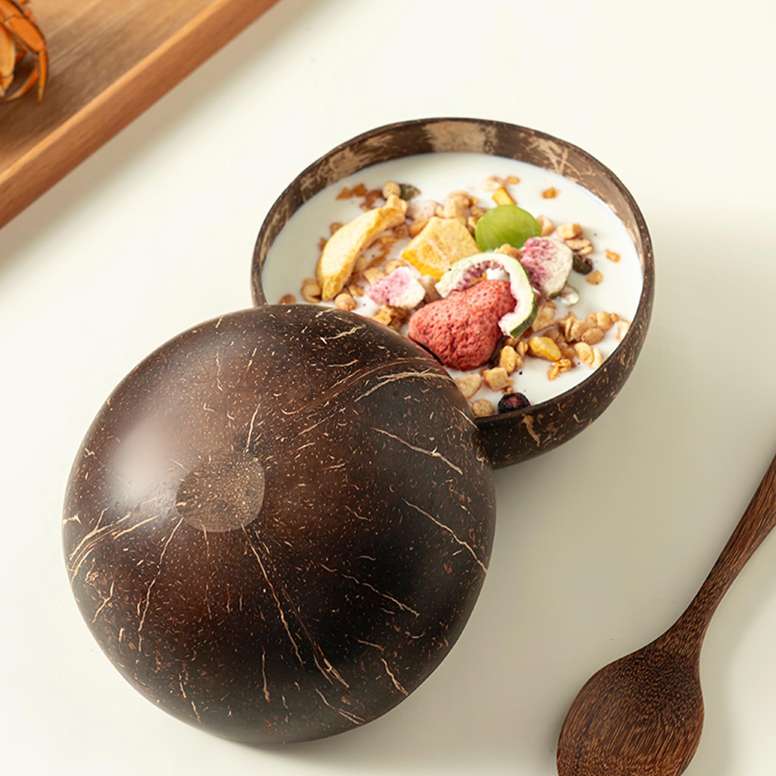 Zenfun 6 Pack Wood Bowl, Coconut Bowls With 6 Wooden Spoon, 15 Oz Polished Coconut Bowls, Natural Coconut Shell Bowls Set For Ve