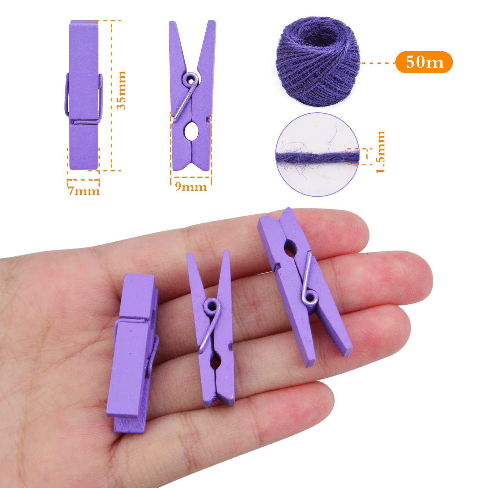 Bronagrand 50Pcs Purple Mini Wooden Pegs Pins Hardwood Photo Clips Clothespins Non Slip Laundry Pegs With 1 Roll Natural 50 M Ju