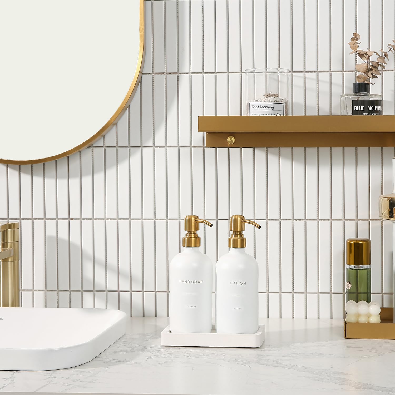 Prus Waso Gold Soap Dispenser Bathroom Set, Glass Hand Soap Dispenser, And Lotion Dispenser With Gold Stainless Steel Pump, Perf