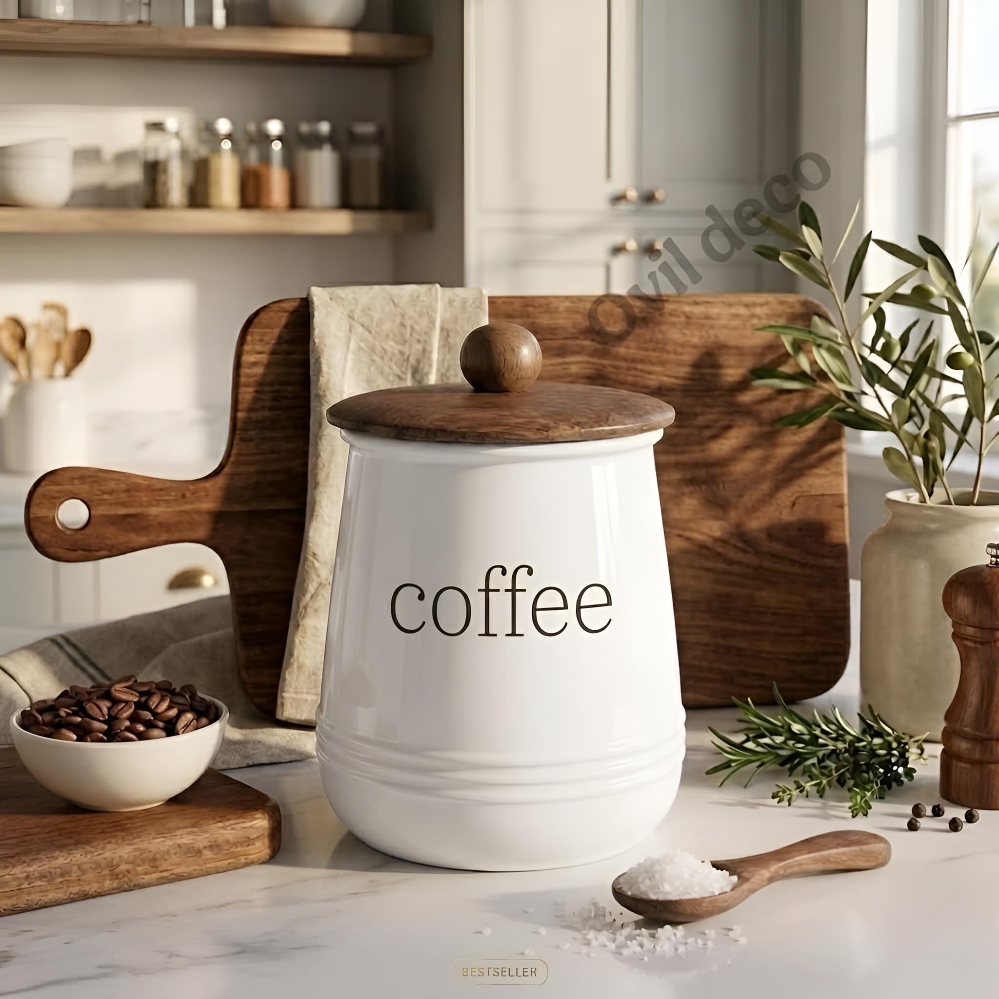 Ovil Deco Stylish Airtight Container For Kitchen, Coffee Storage, White, Metal With Wooden Lid & Spoon, 1000Ml, Canister For Kit