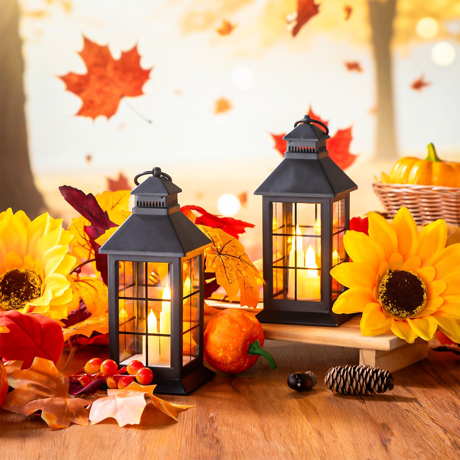 Tujoe 4 Pack Fall LED Candle Lantern Decorative Indoor & Outdoor Fall Decorations for Home Mini Thanksgiving Hanging Lanterns wi