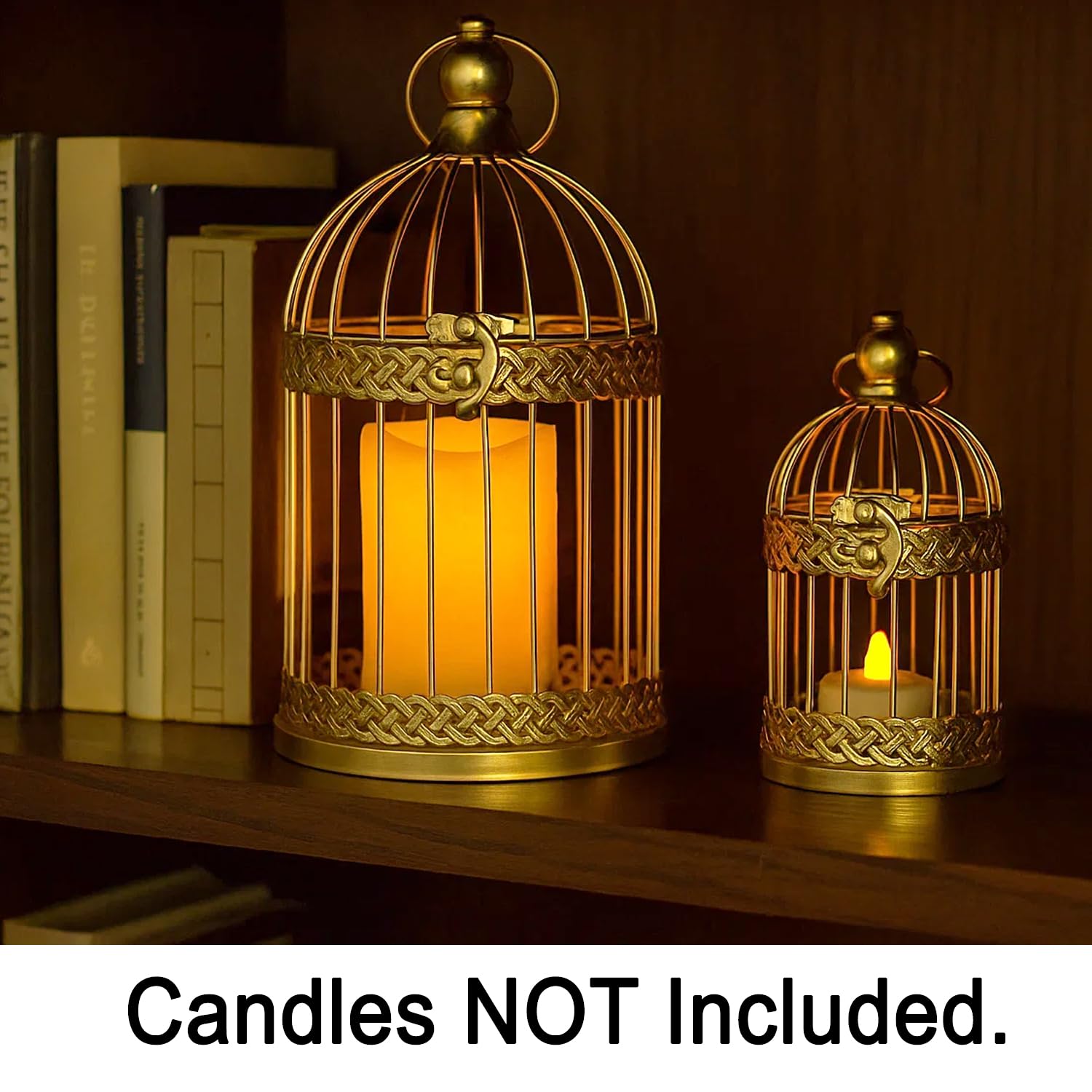 VELA LANTERNS Birdcage Decor Candle Holder Lantern Decorative Wedding Table Centerpiece Decorations, 10 and 6 Tall, Gold, Set of