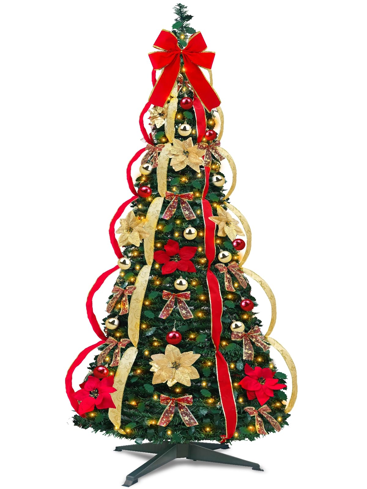 6.5 Ft Prelit Full Pop up Christmas Tree with Timer 8 Mode 200 Warm Lights, Ornaments, Red&Gold Ribbon, Flowers, Bows,UL Plug Po