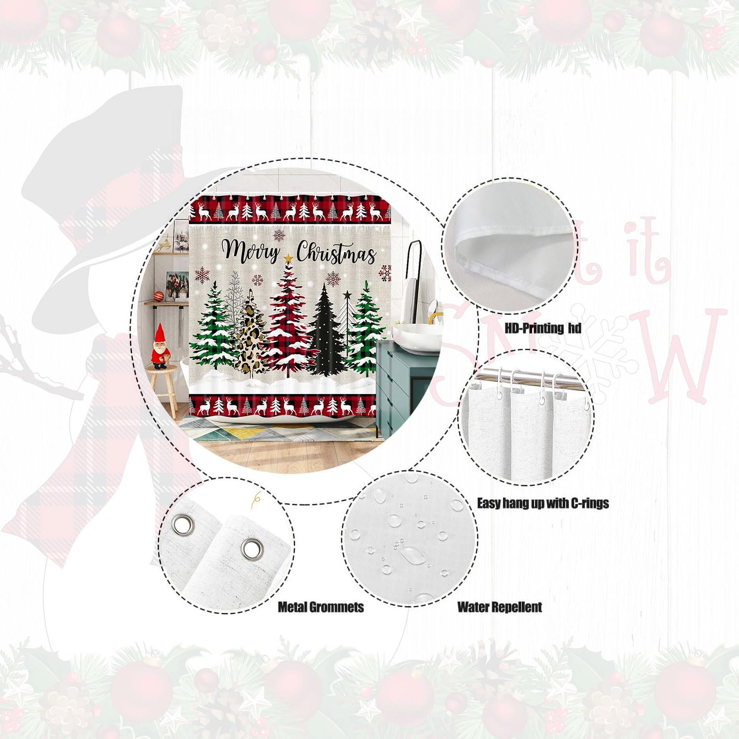 Wathon Christmas Tree Shower Curtain Winter Cabin Lodge Woodland Bathroom Decor Farmhouse Buffalo Plaid Xmas Tree Pine Tree Bath