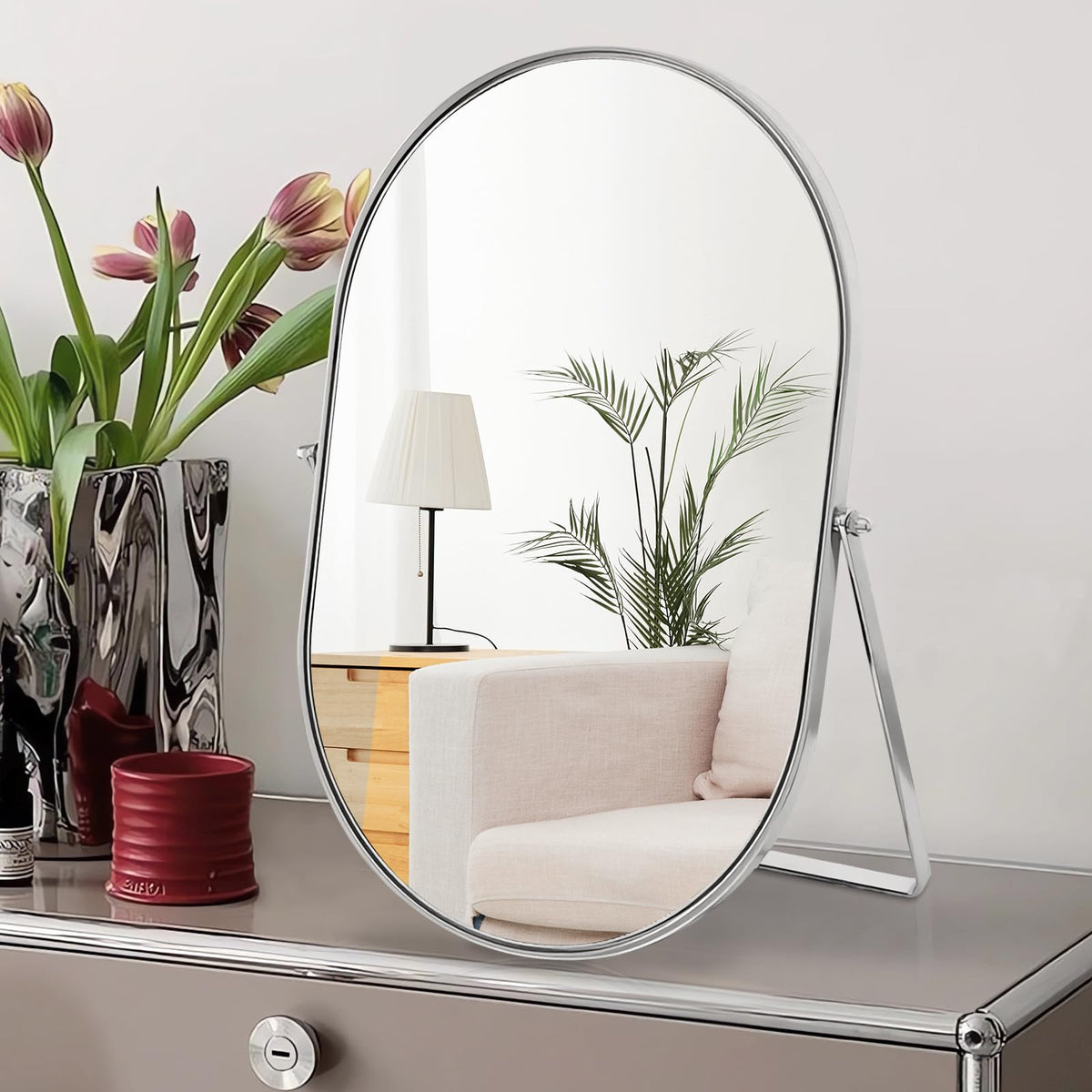 Numjeg Vanity Makeup Mirror For Desk With Metal Stand Tabletop Mount Makeup Oval Mirrors 90Adjustable Rotation Portable Cosmetic