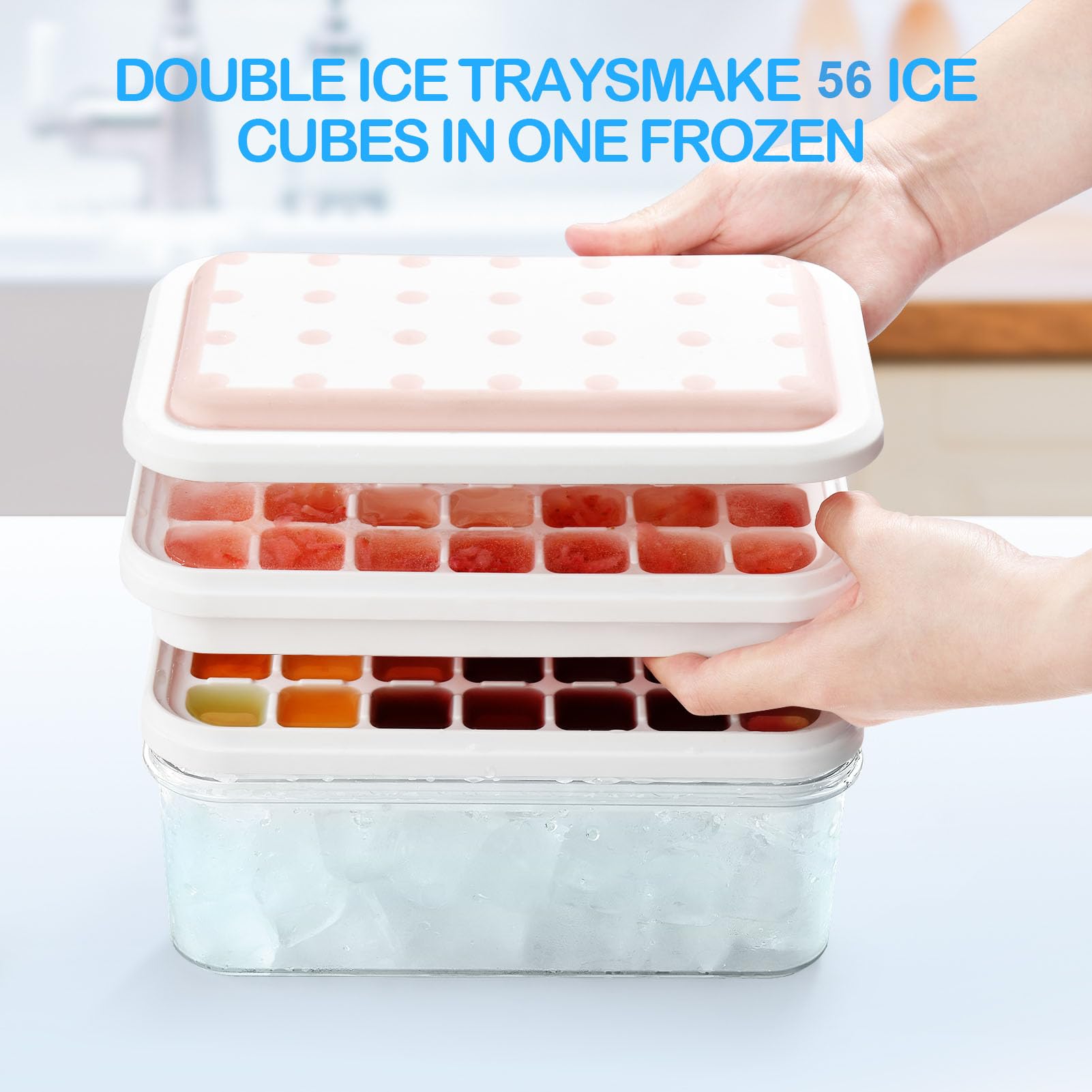 Ice Cube Tray With Lid And Bin, 2 Pack Silicone Ice Cube Trays For Freezer, 56-Ice Trays For Freezer,Ice Cube Molds, Bpa Free, L