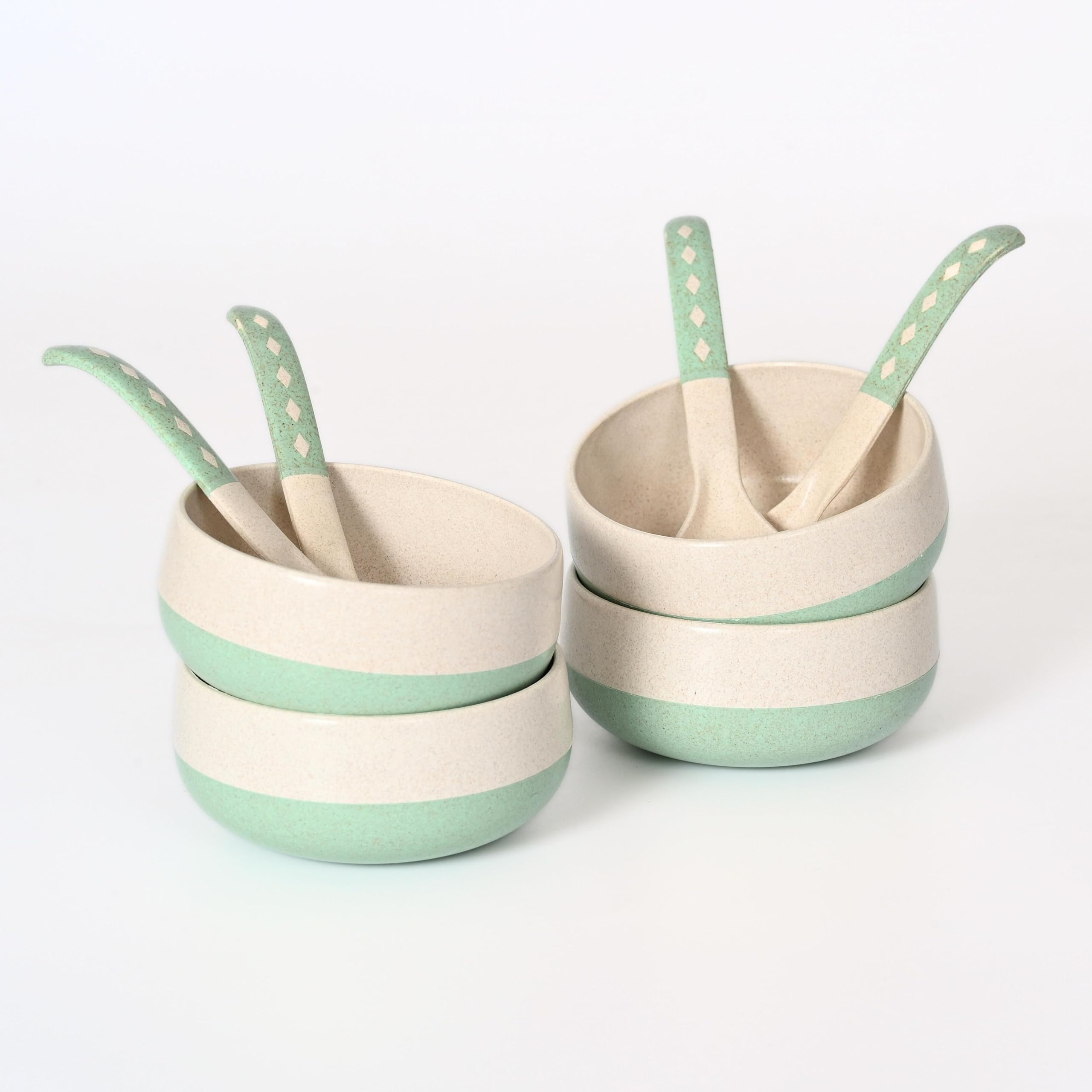 Eha EarthFriendly Soup Bowls With Spoons|250 Ml|Made With Rice Husk Biocomposite|Microwave Safe Bowls For Kitchen|Serving Bowl 