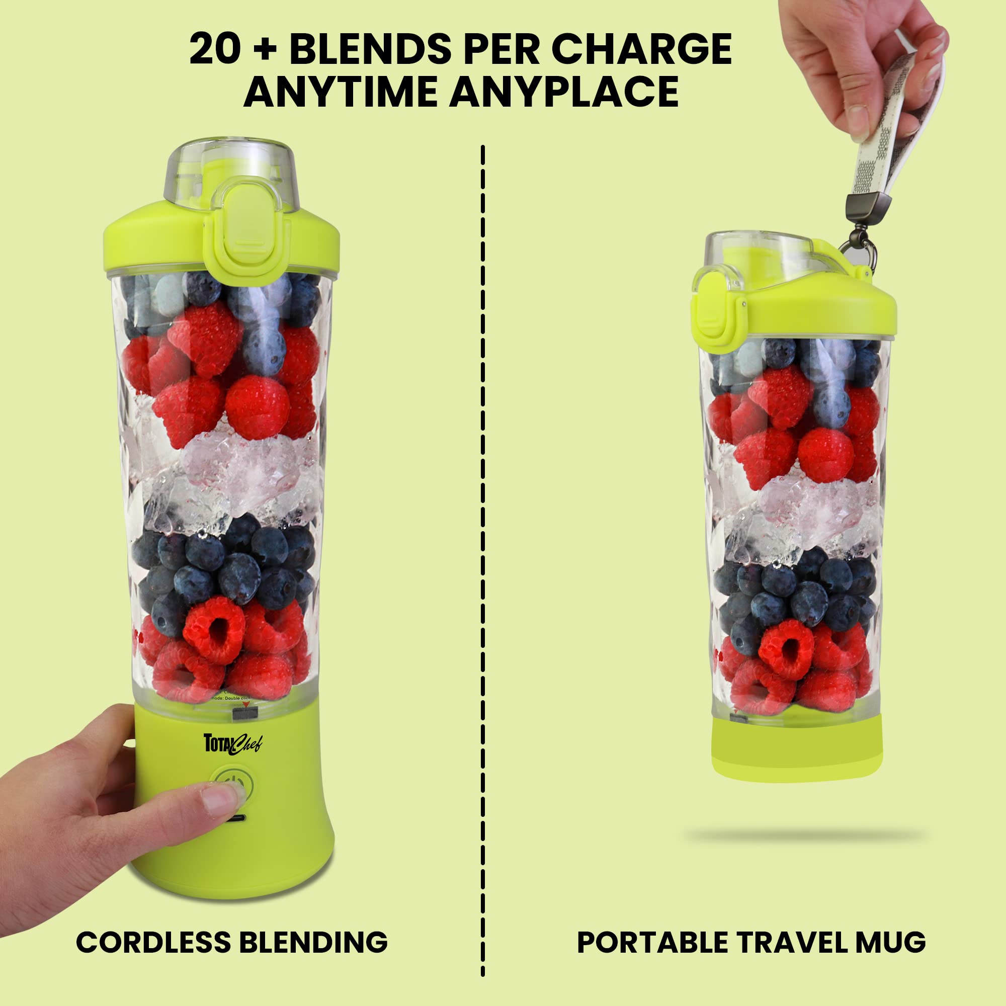 Koolatron Total Chef Portable Blender, 20 Oz (600 Ml), Cordless, Usb Rechargeable, Auto Shut Off, Yellow