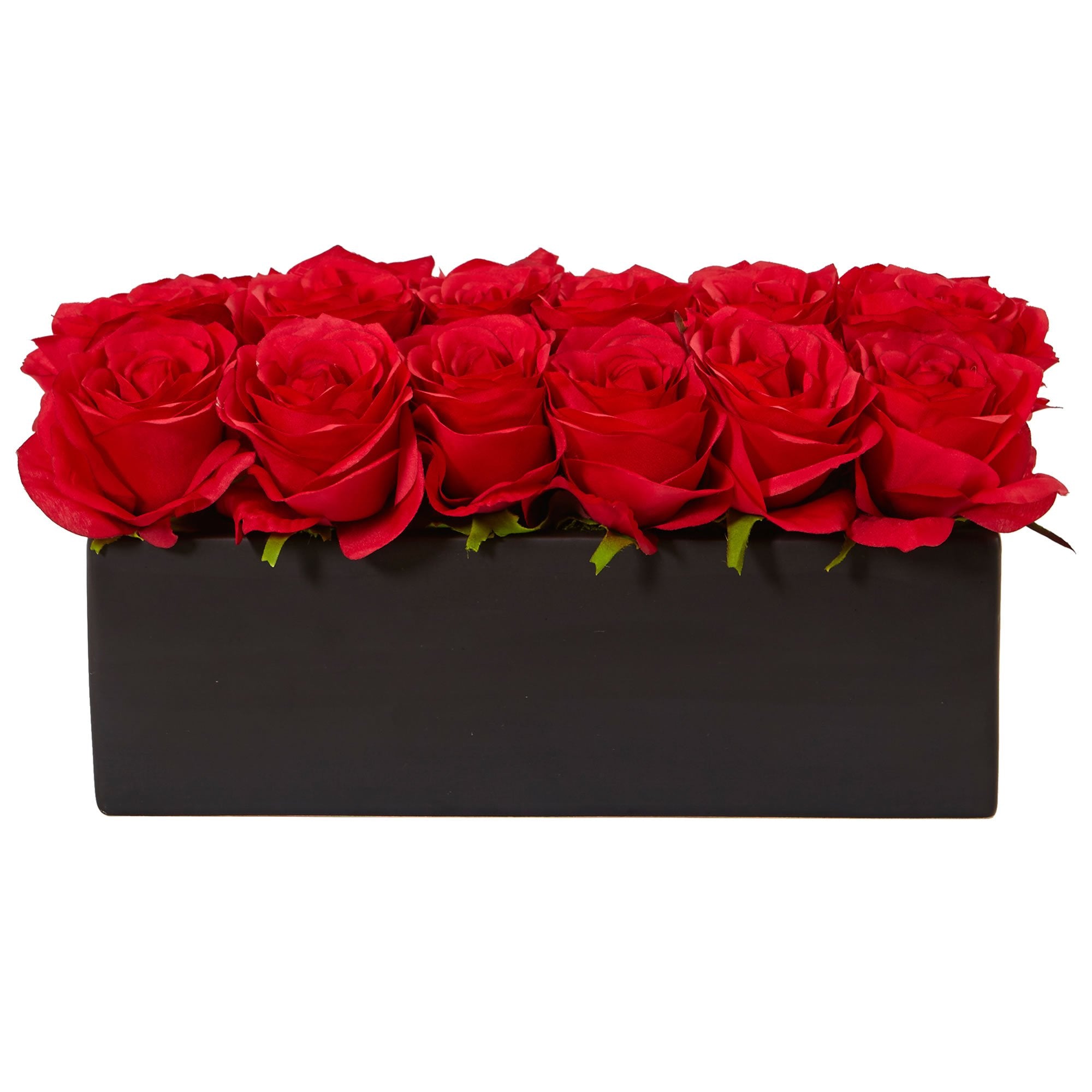 Nearly Natural Dozen Silk Roses in Ceramic Rectangular Planter
