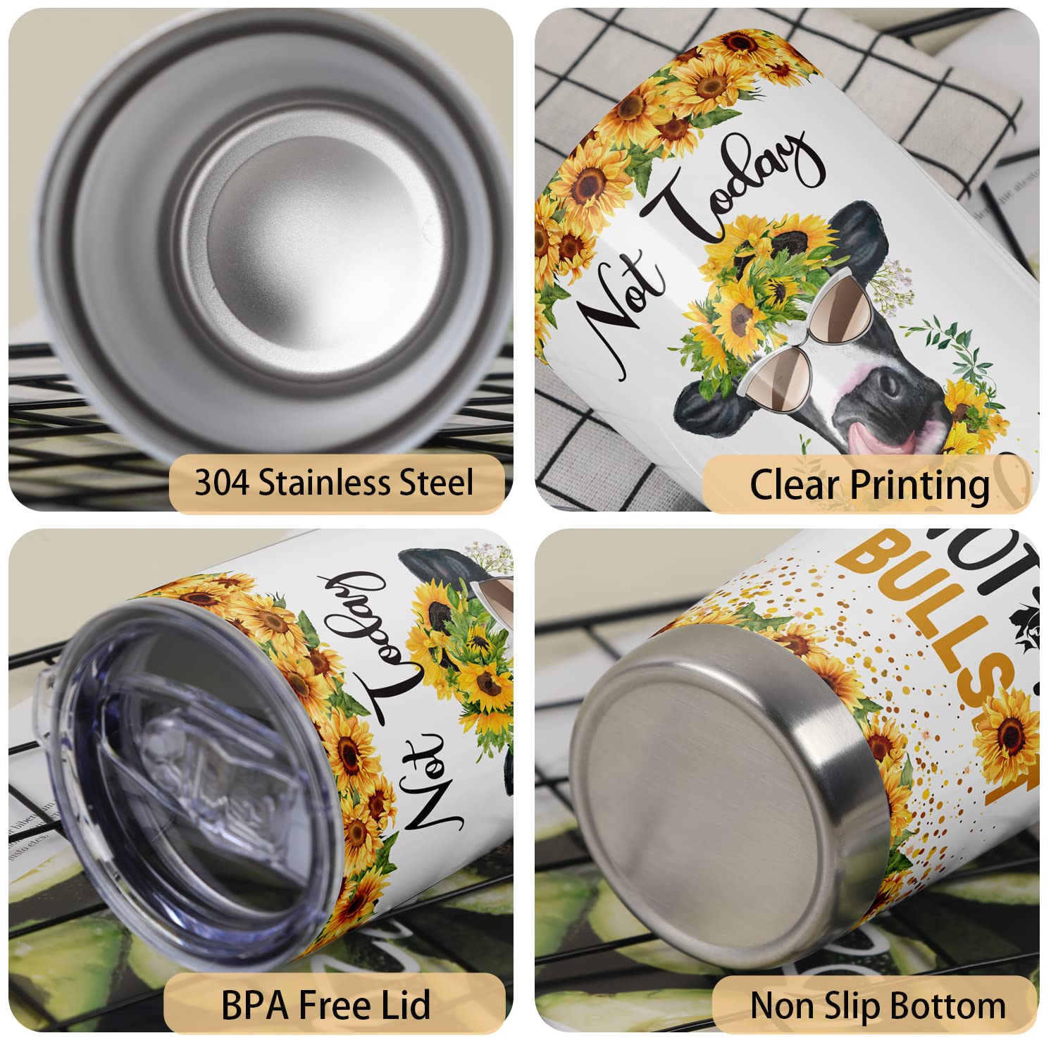 Cosictic Cow Lover Gift, Not Today Heifer Not My Pasture Not My Problem Travel Tumbler With Sunflower Cow, Gift For Heifer Cow L